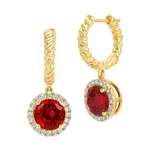 Chatham 14 Karat Yellow Gold Lab-Grown Ruby and Diamond Halo Dangle Earrings