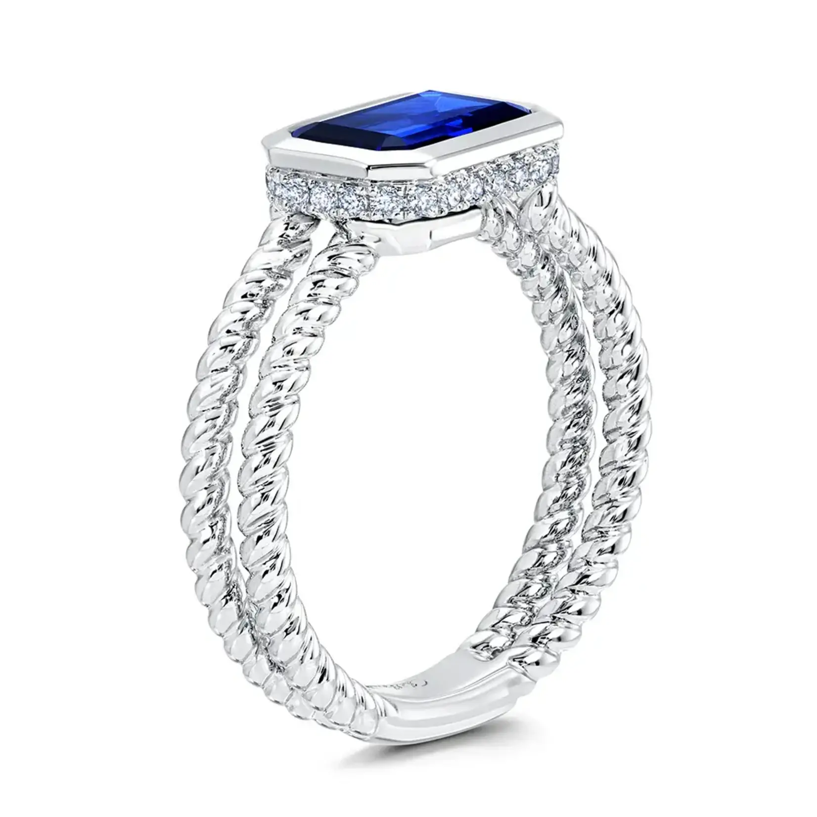 Chatham 14 Karat White Gold Lab-Grown Emerald-Cut Sapphire and Diamond Ring