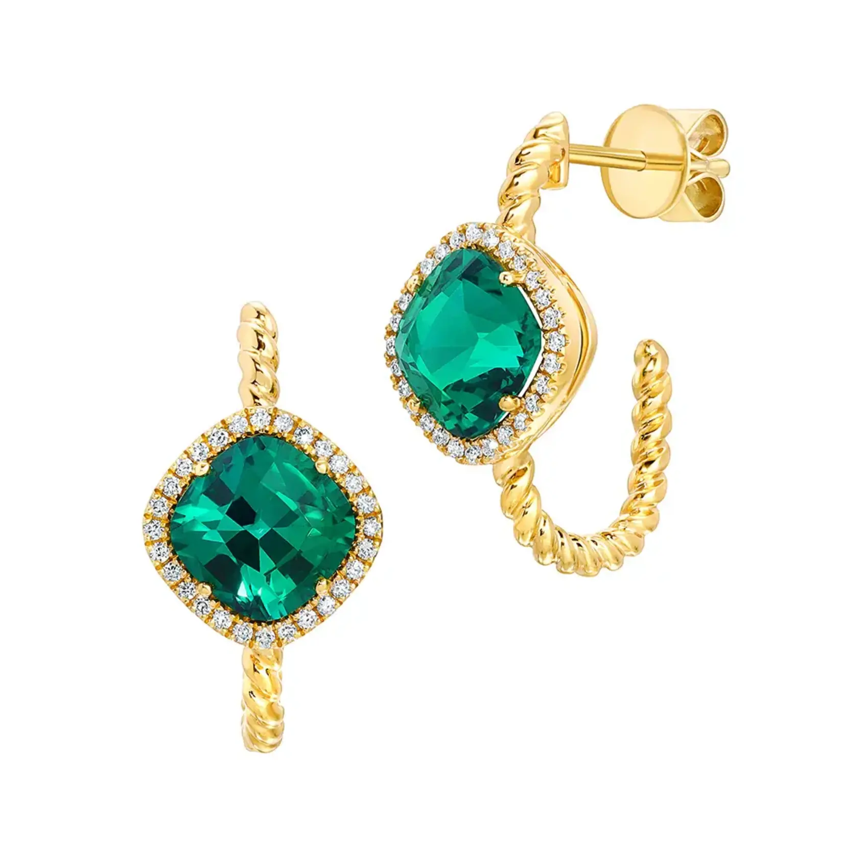 Chatham 14 Karat Yellow Gold Lab-Grown Century-Cut Emerald and Diamond Earrings