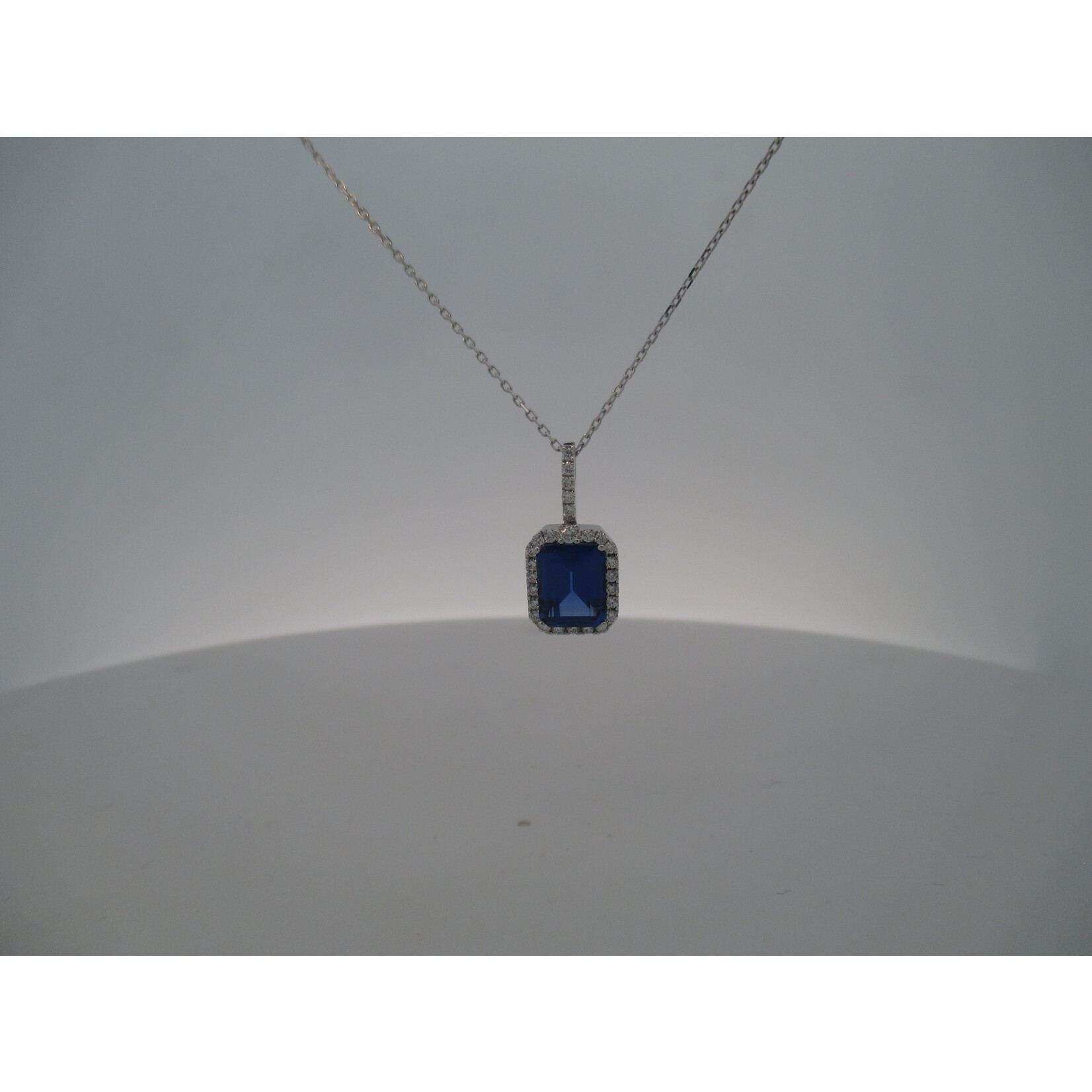 Chatham 14 Karat White Gold Lab-Grown Radiant-Cut Sapphire & Diamond Halo Pendant