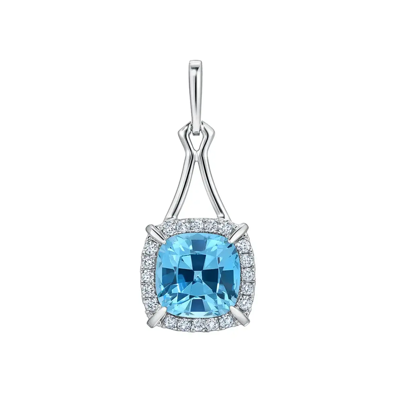 Chatham 14 Karat White Gold Lab-Grown Century-Cut Aqua Blue Spinel & Diamond Halo Pendant