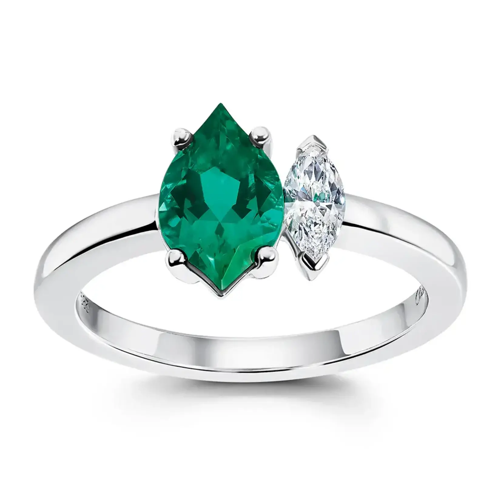 Chatham 14 Karat White Gold Lab-Grown Flame-Cut Emerald and Marquise Diamond Ring