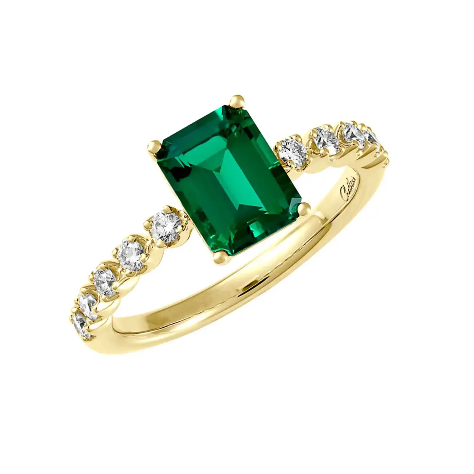 Chatham 14 Karat Yellow Gold Lab-Grown Emerald-Cut Emerald & Diamond Ring