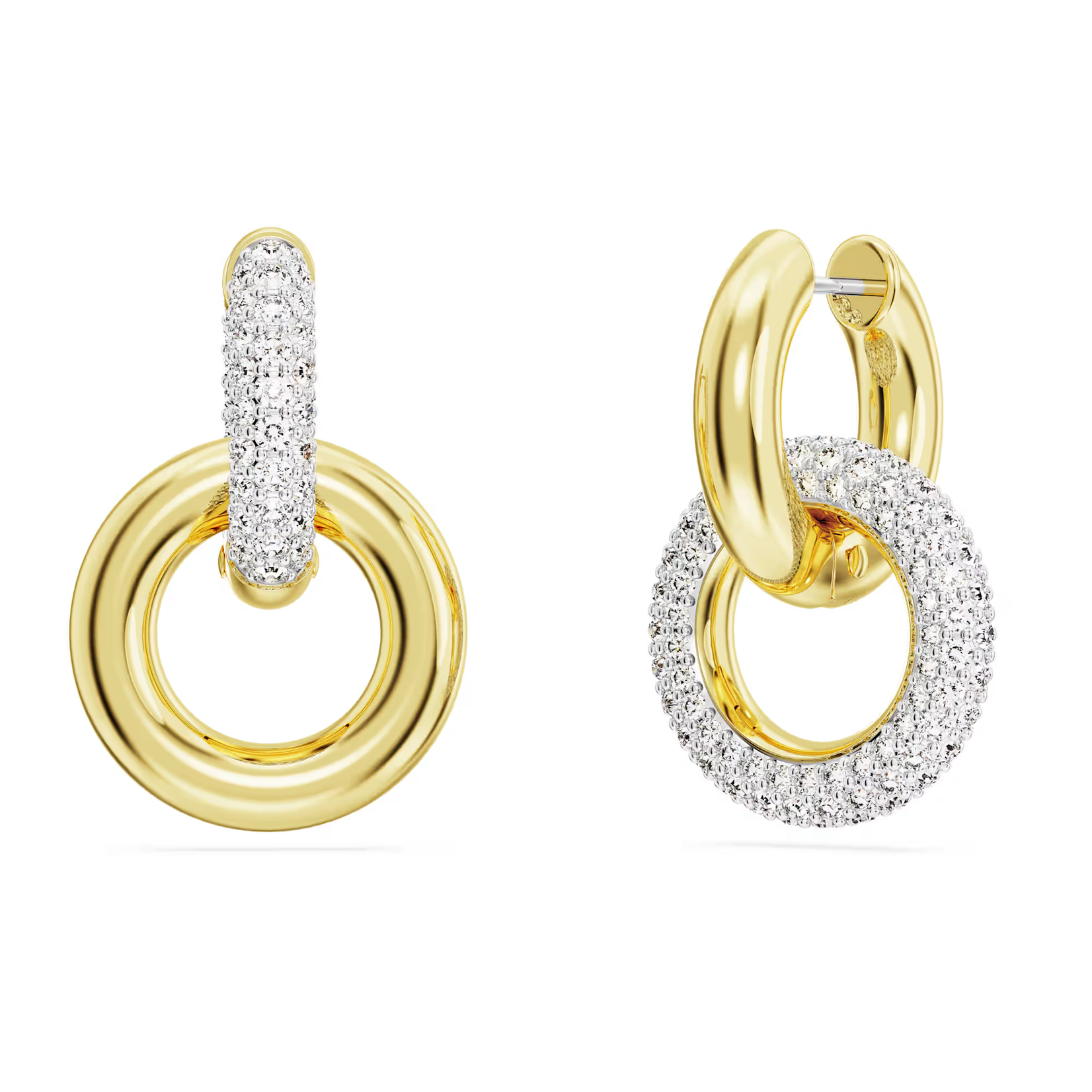 Swarovski  Dextera hoop earrings Asymmetrical design, Interlocking loop, White, Gold-tone plated
