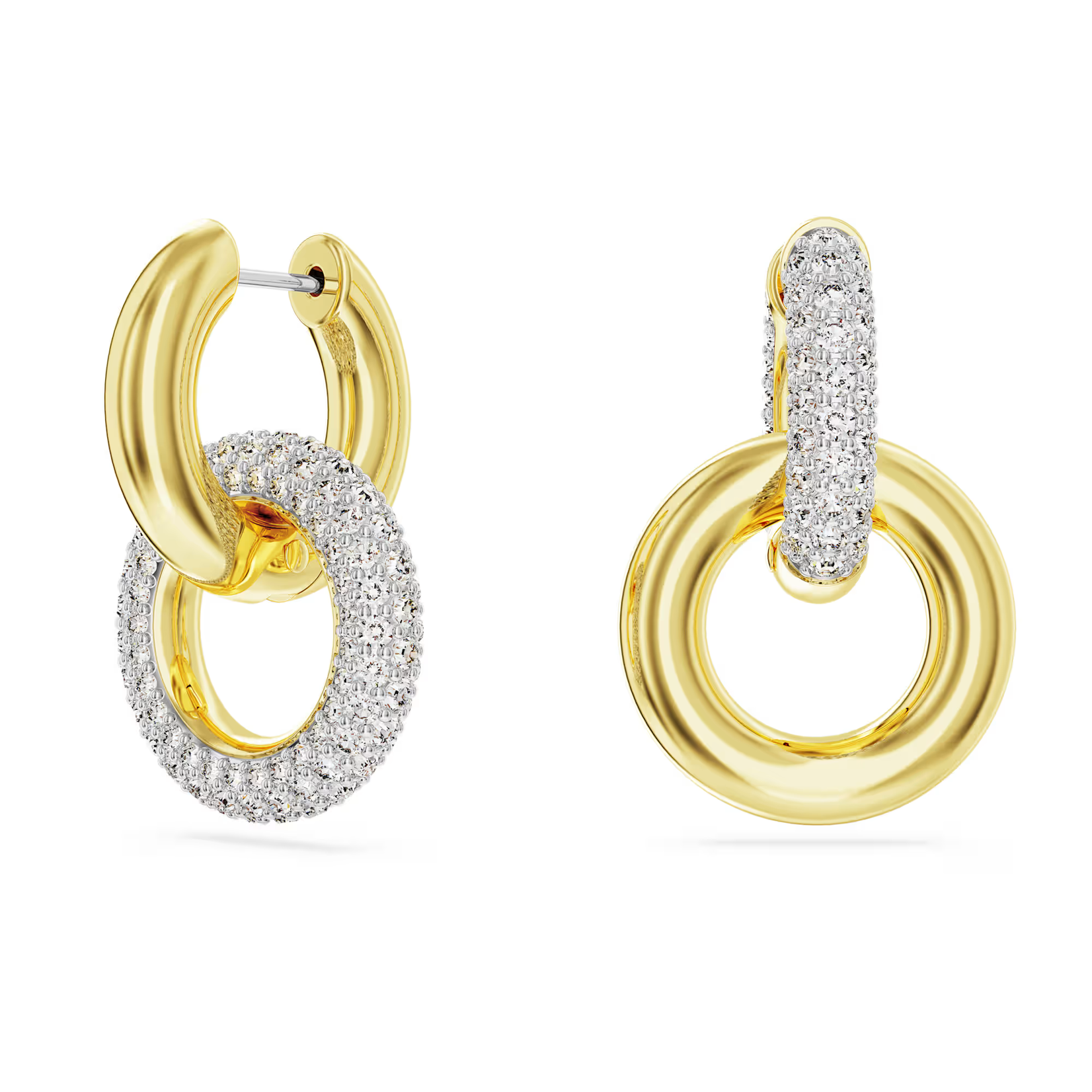 Swarovski  Dextera hoop earrings Asymmetrical design, Interlocking loop, White, Gold-tone plated