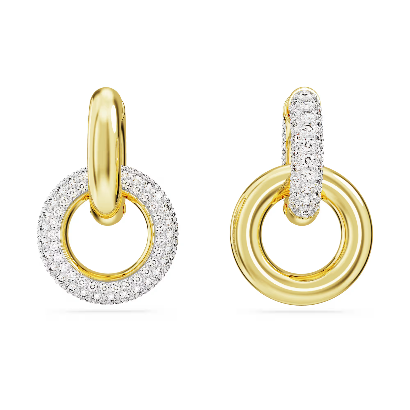 Swarovski  Dextera hoop earrings Asymmetrical design, Interlocking loop, White, Gold-tone plated