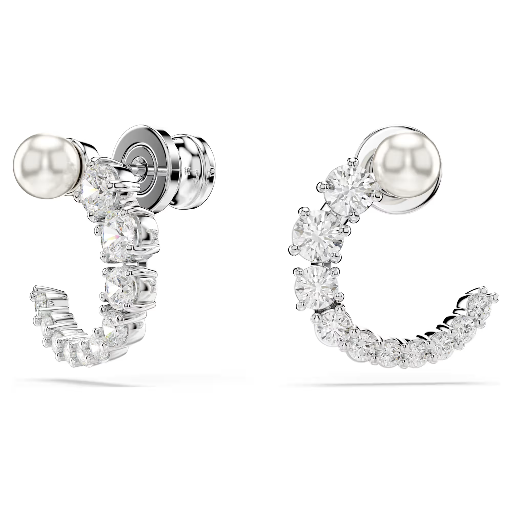 Swarovski Matrix hoop earrings Crystal pearl, Round cut, White, Rhodium plated