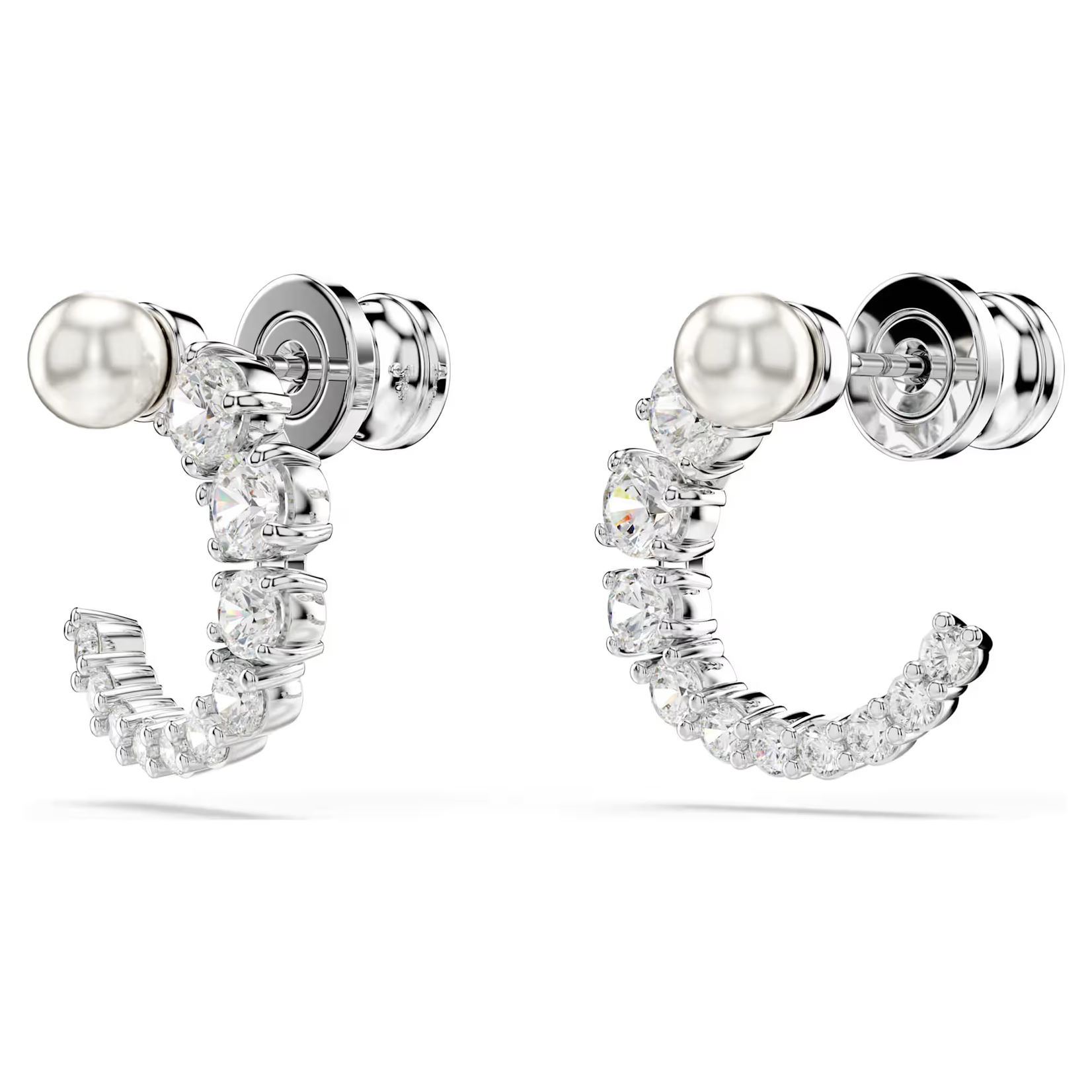 Swarovski Matrix hoop earrings Crystal pearl, Round cut, White, Rhodium plated