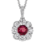 Zeghani 14 Karat White Gold Round Ruby & Halo Diamond Necklace