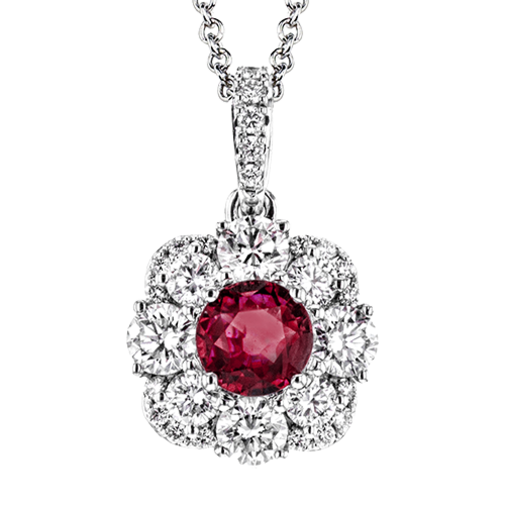 Zeghani 14 Karat White Gold Round Ruby & Halo Diamond Necklace