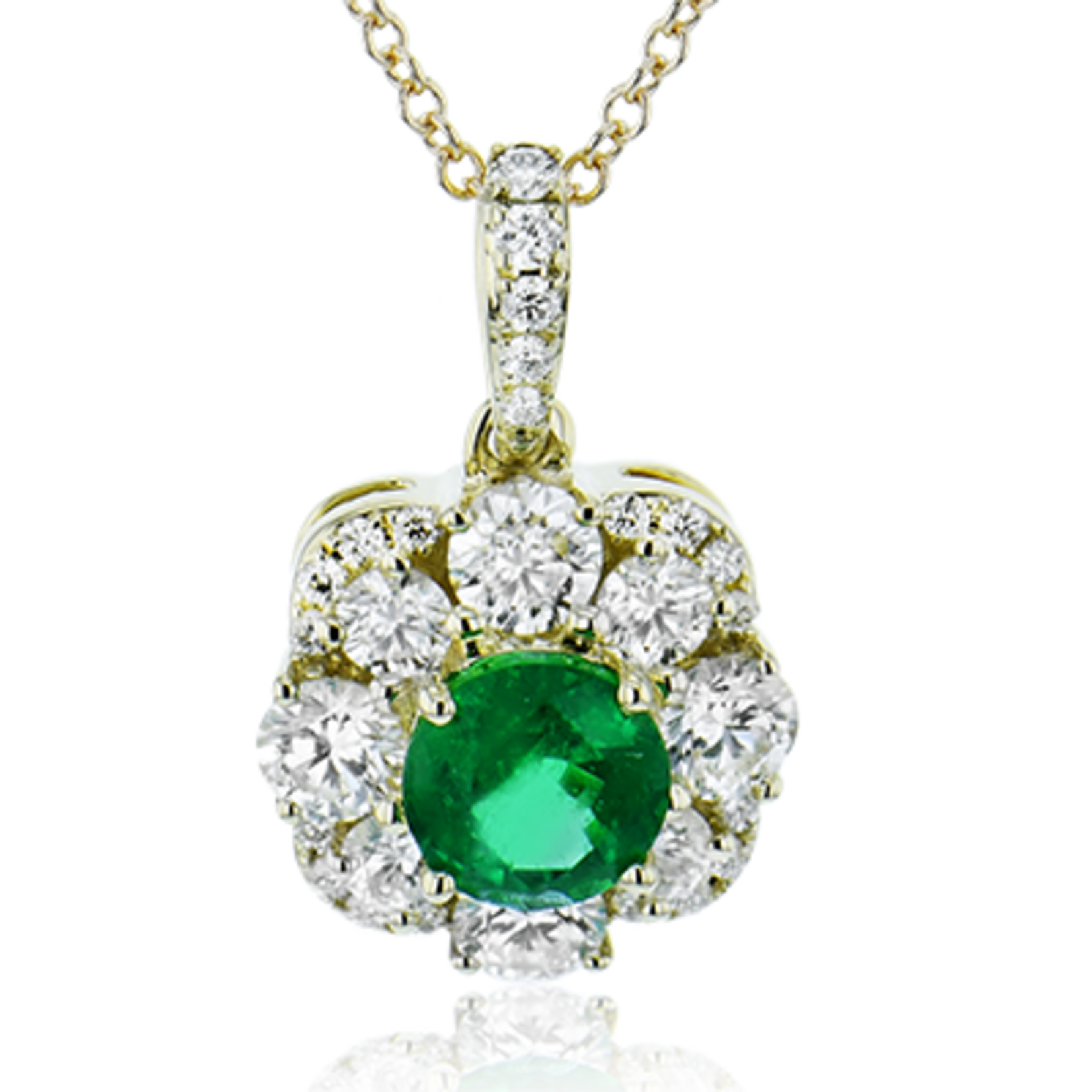 Zeghani 14 Karat Yellow Gold Emerald & Diamond Halo Necklace