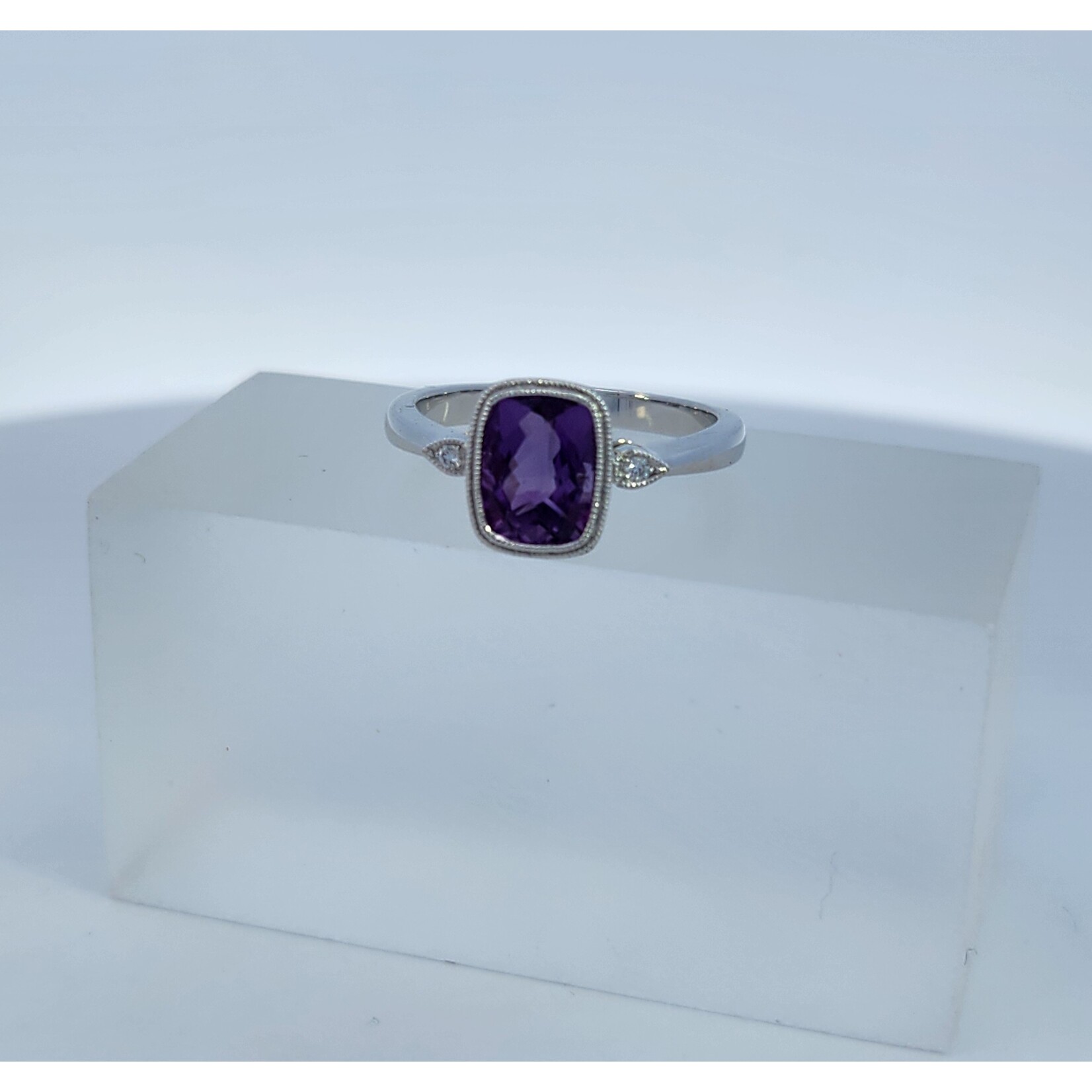 14 Karat White Gold Cushion Amethyst & Diamond Ring