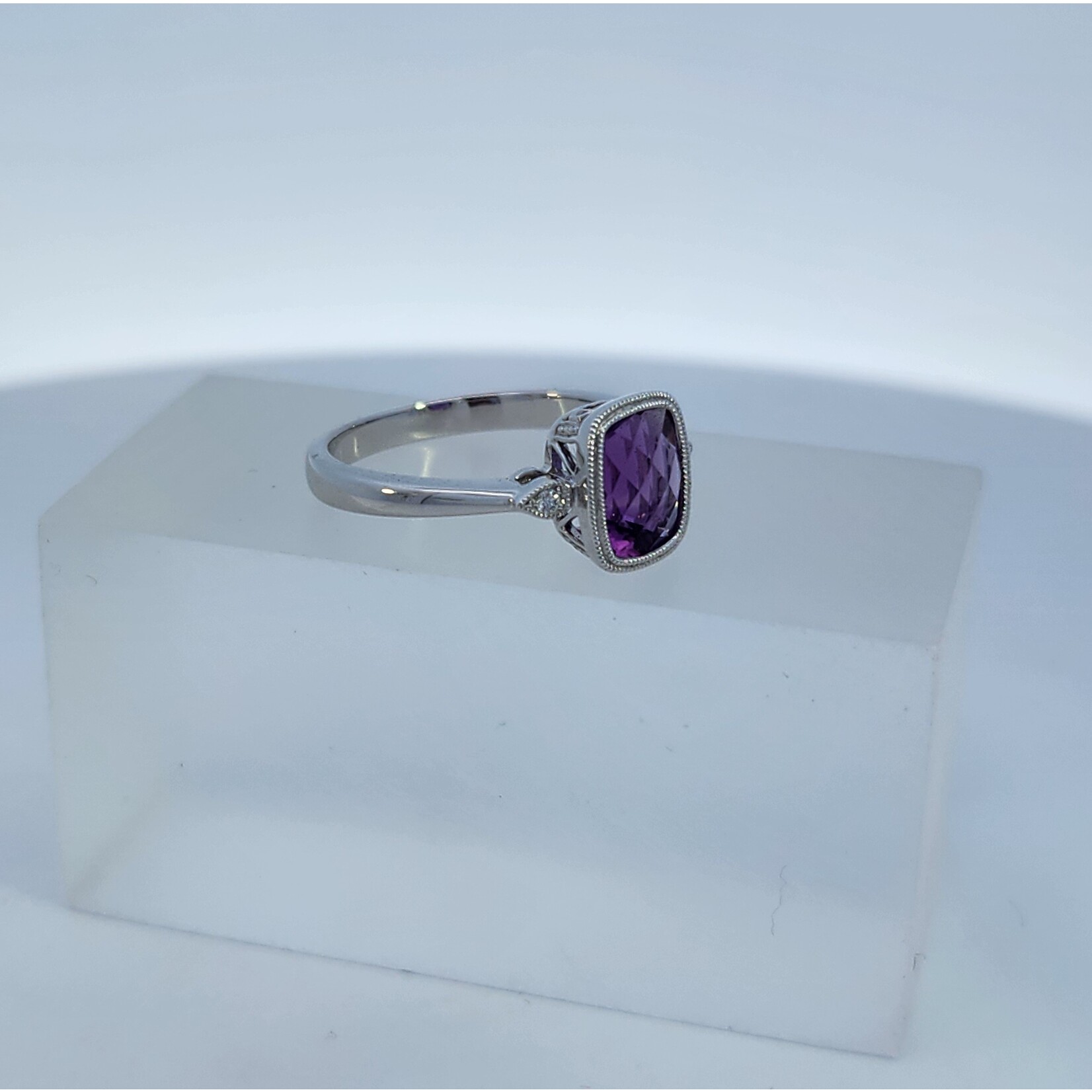 14 Karat White Gold Cushion Amethyst & Diamond Ring
