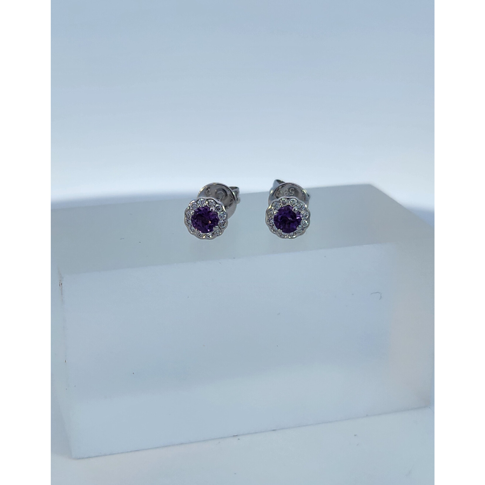 Zeghani 14 Karat White Gold Amethyst & Diamond Halo Studs