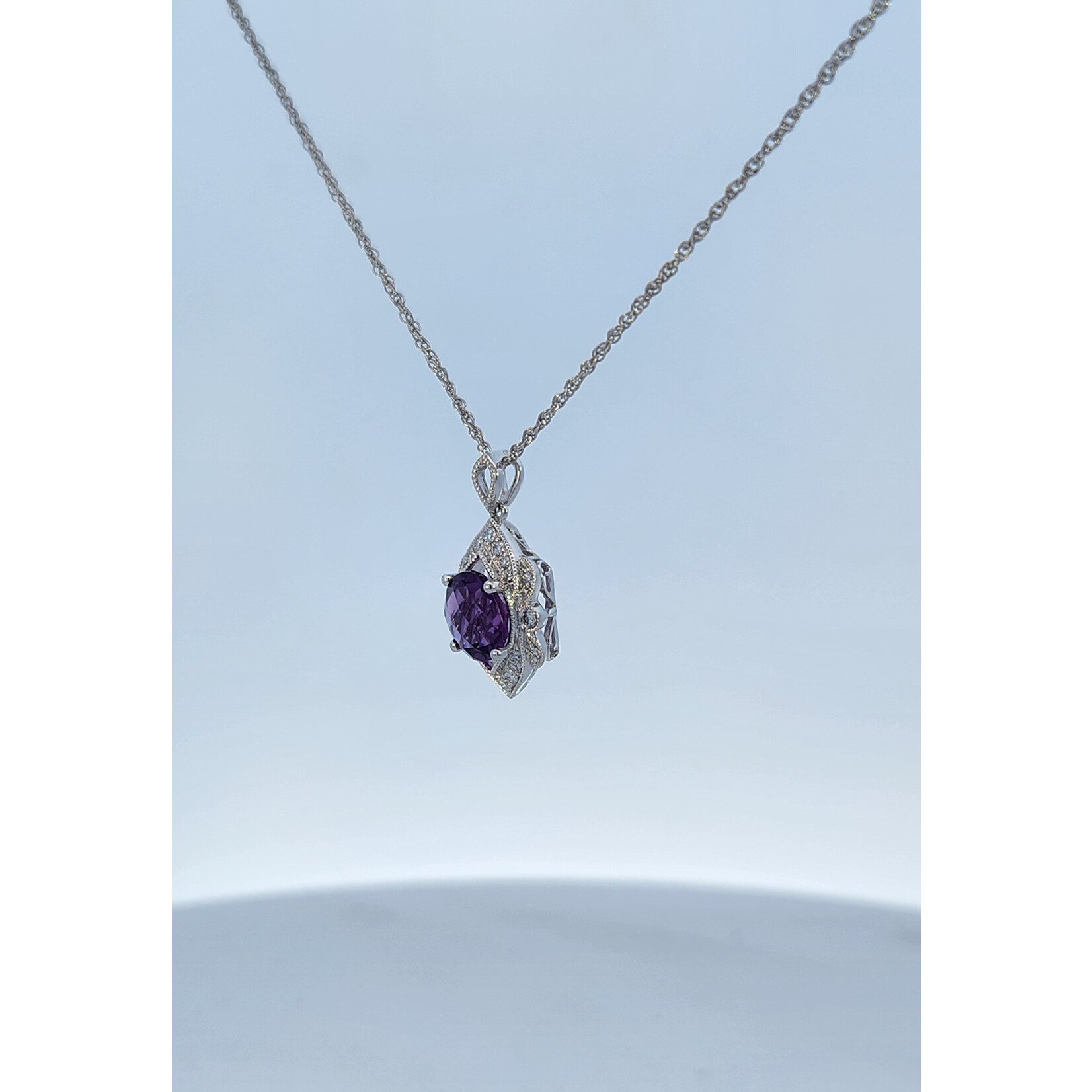 14 Karat White Gold Amethyst & Diamond Fancy Necklace