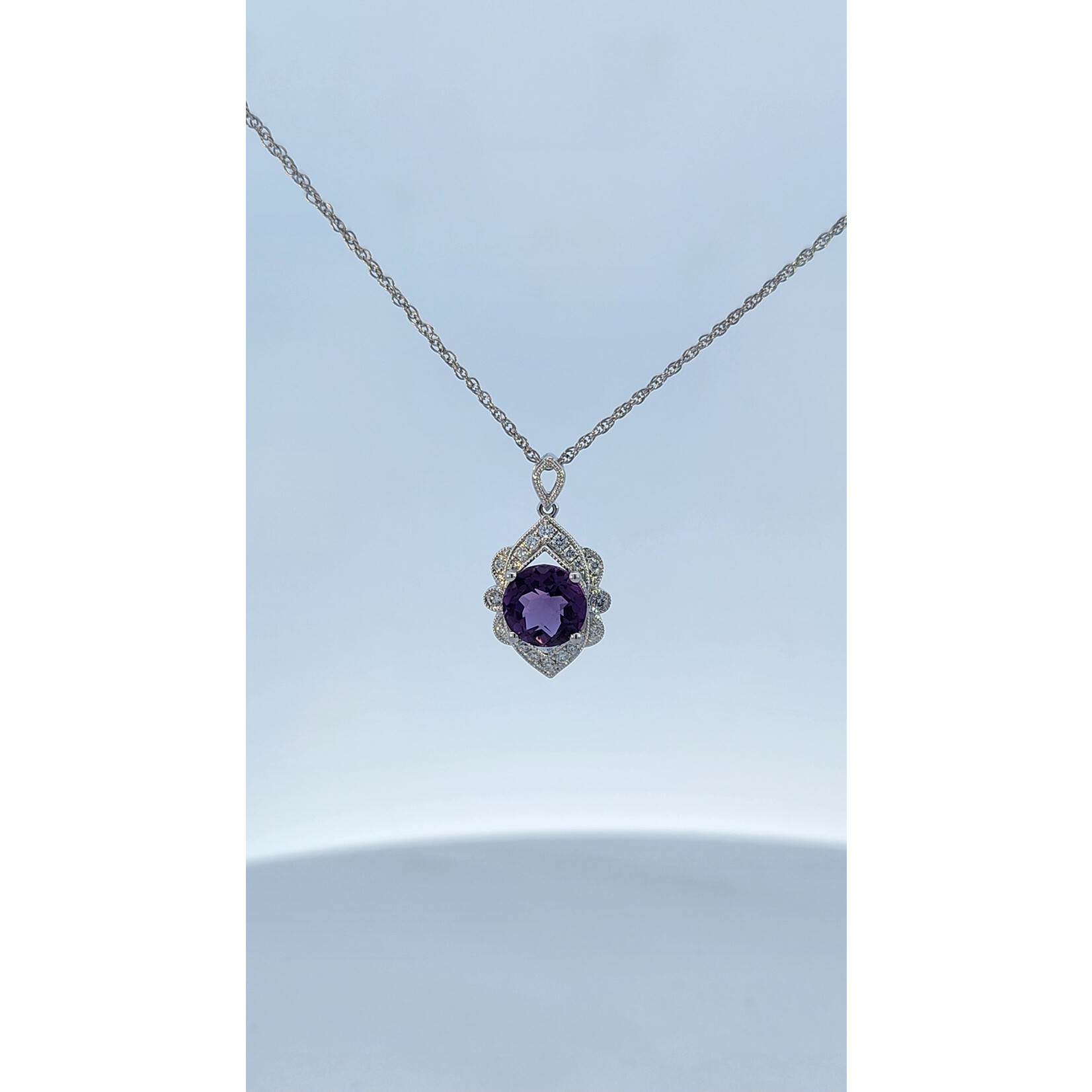 14 Karat White Gold Amethyst & Diamond Fancy Necklace