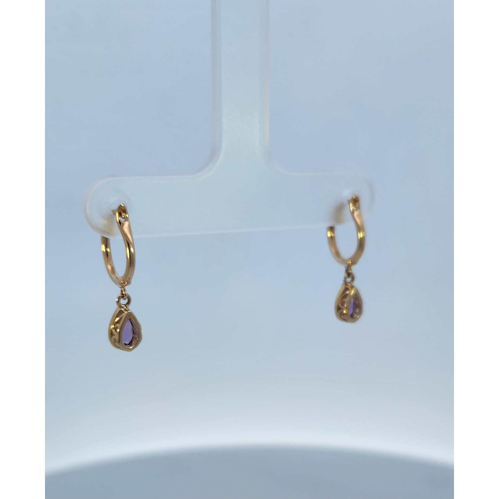 14 Karat Yellow Gold Pear Amethyst Dangle Earrings
