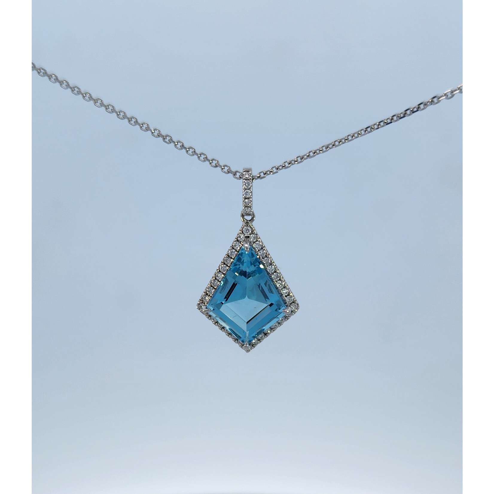 PeJay Creations 14 Karat White Gold Aquamarine & Halo Diamond Necklace