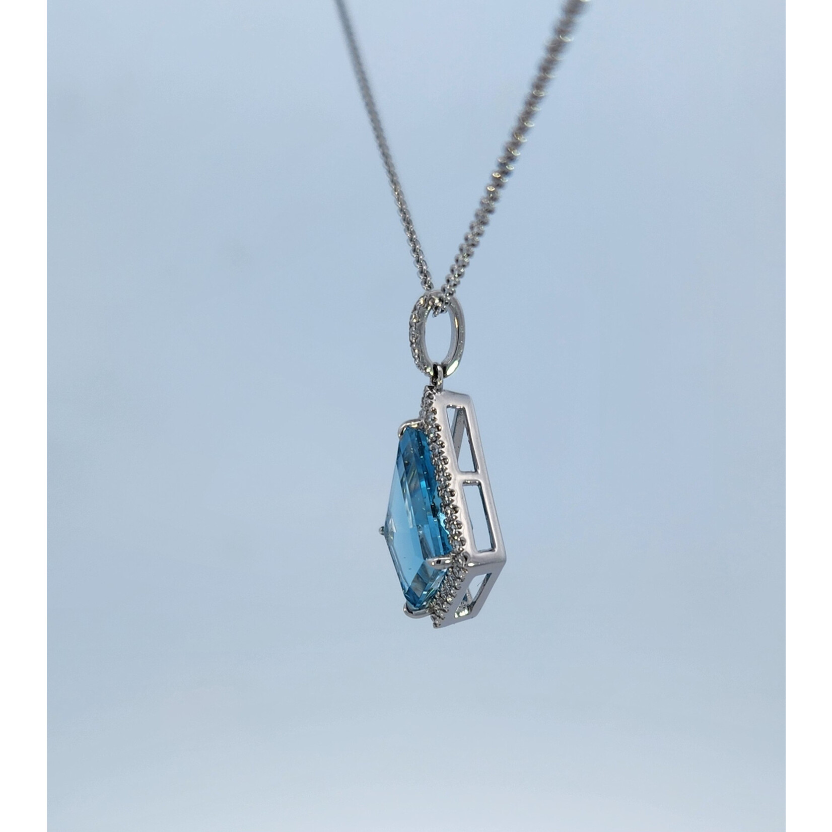 PeJay Creations 14 Karat White Gold Aquamarine & Halo Diamond Necklace