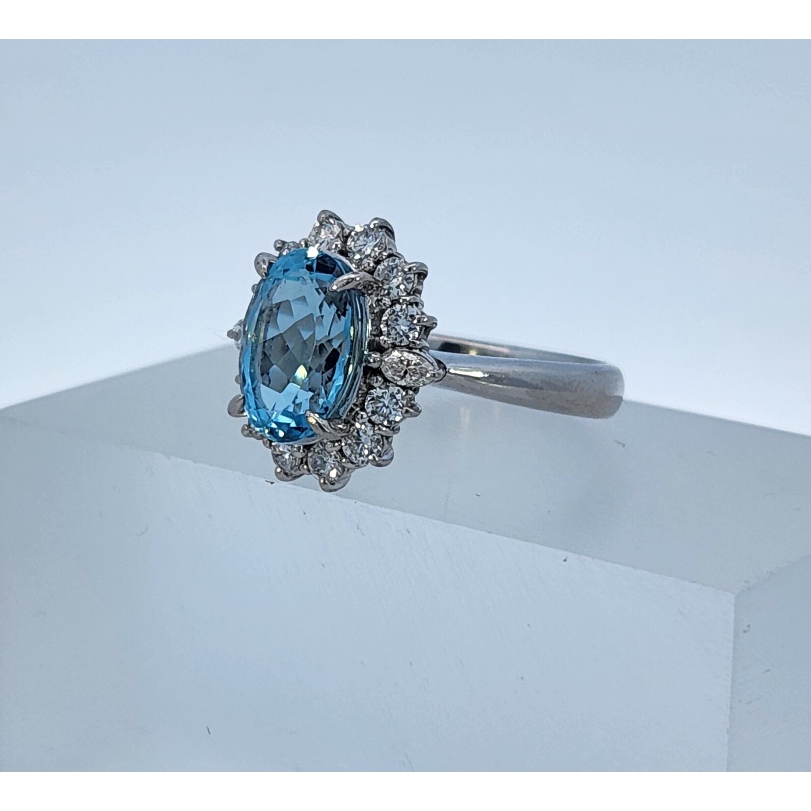 Platinum Aquamarine & Halo Diamond Ring