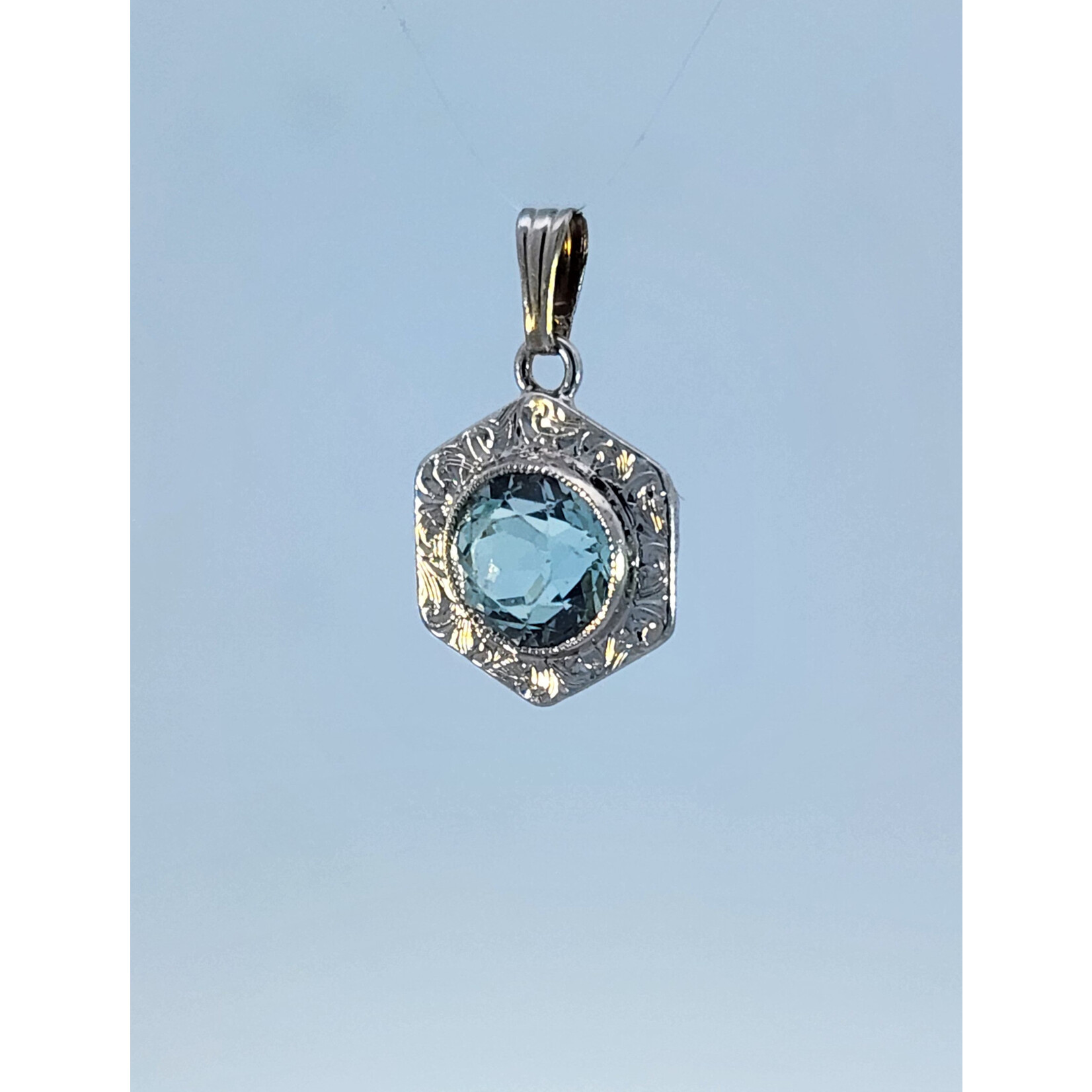 14 Karat White Gold Imitation Aquamarine Scroll Pendant