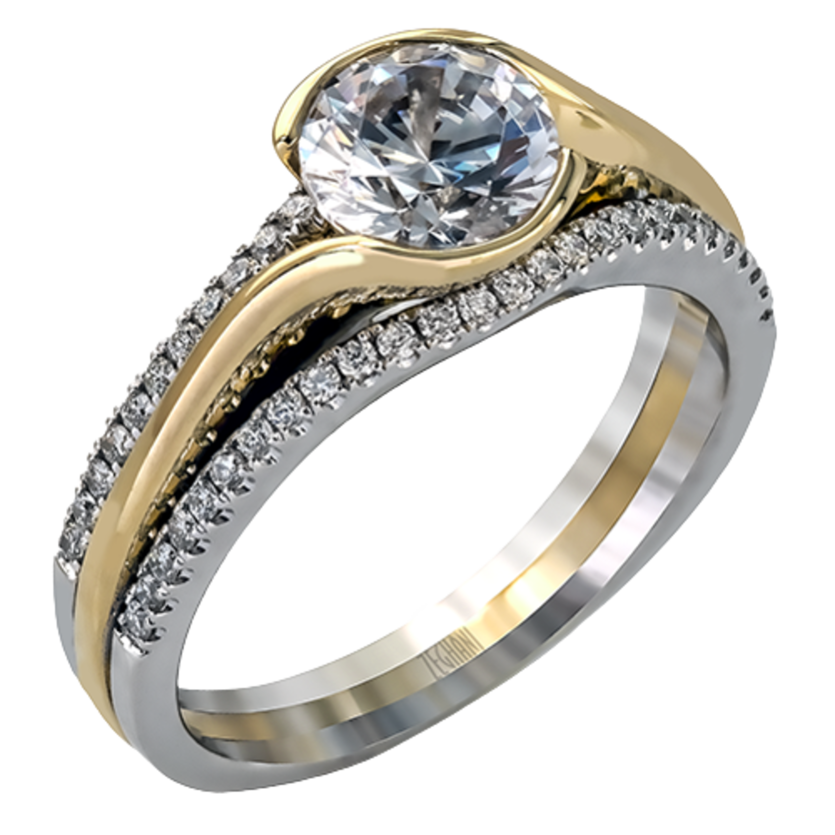 Zeghani 14 Karat Two-Tone Gold Half-Bezel Diamond Engagement Ring