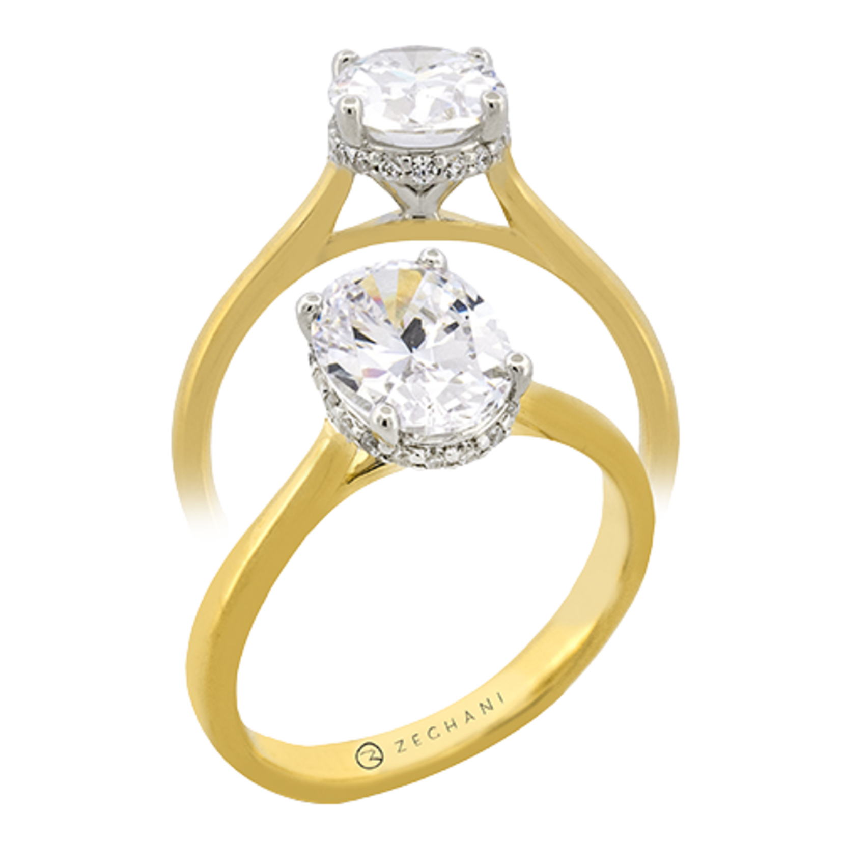 Zeghani 14 Karat Two-Tone Gold Halo Diamond Oval Engagement Ring