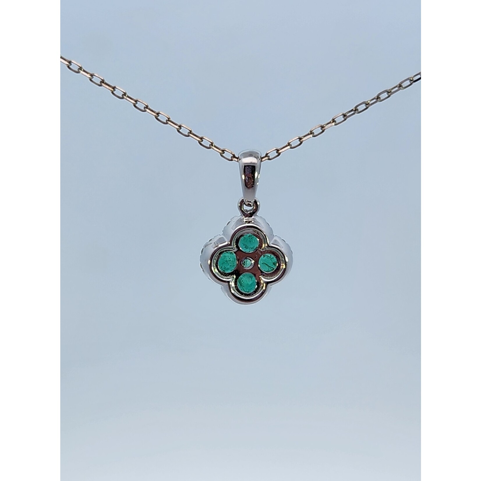 14 Karat White Gold Natural Emerald & Diamond Clover Shape Pendant