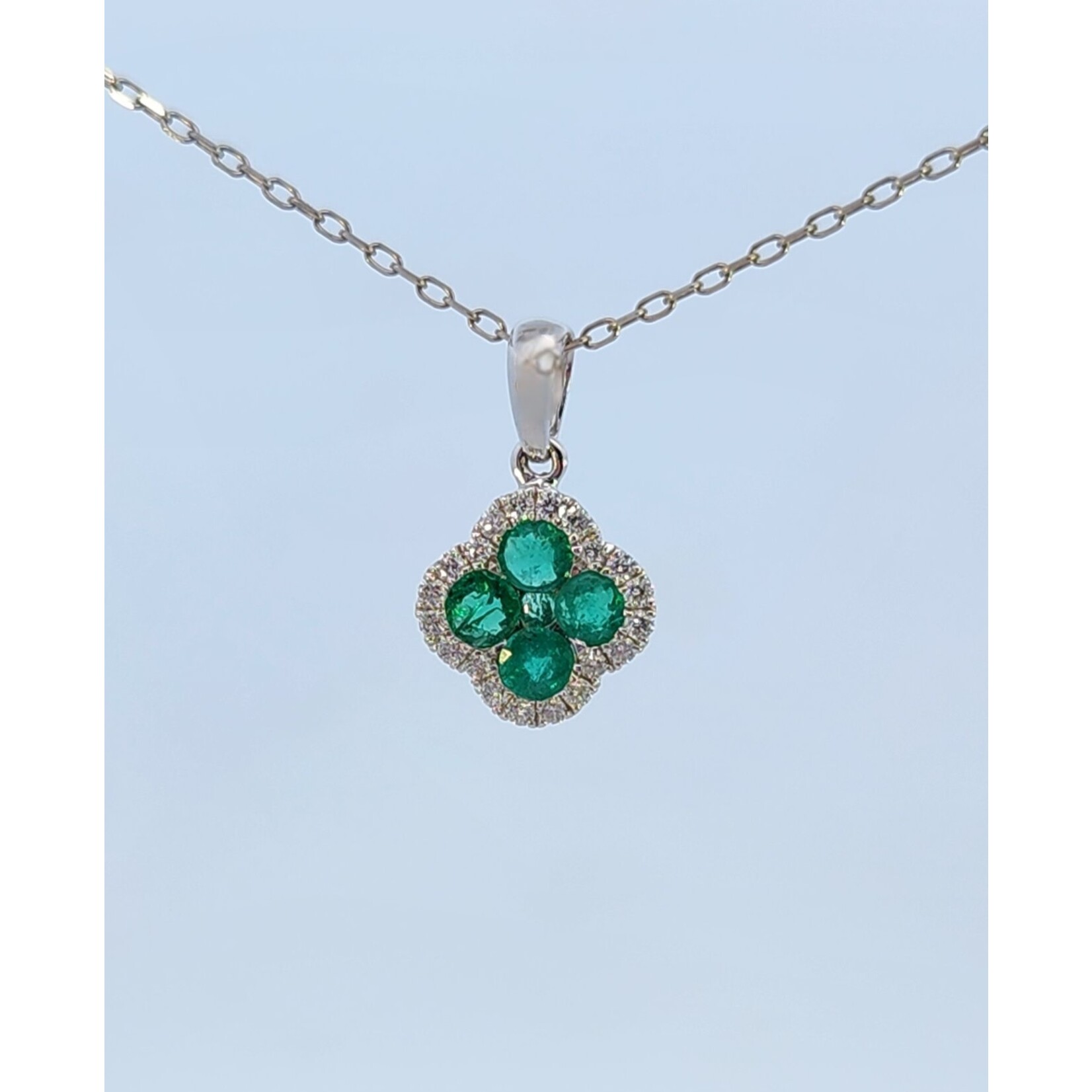 14 Karat White Gold Natural Emerald & Diamond Clover Shape Pendant