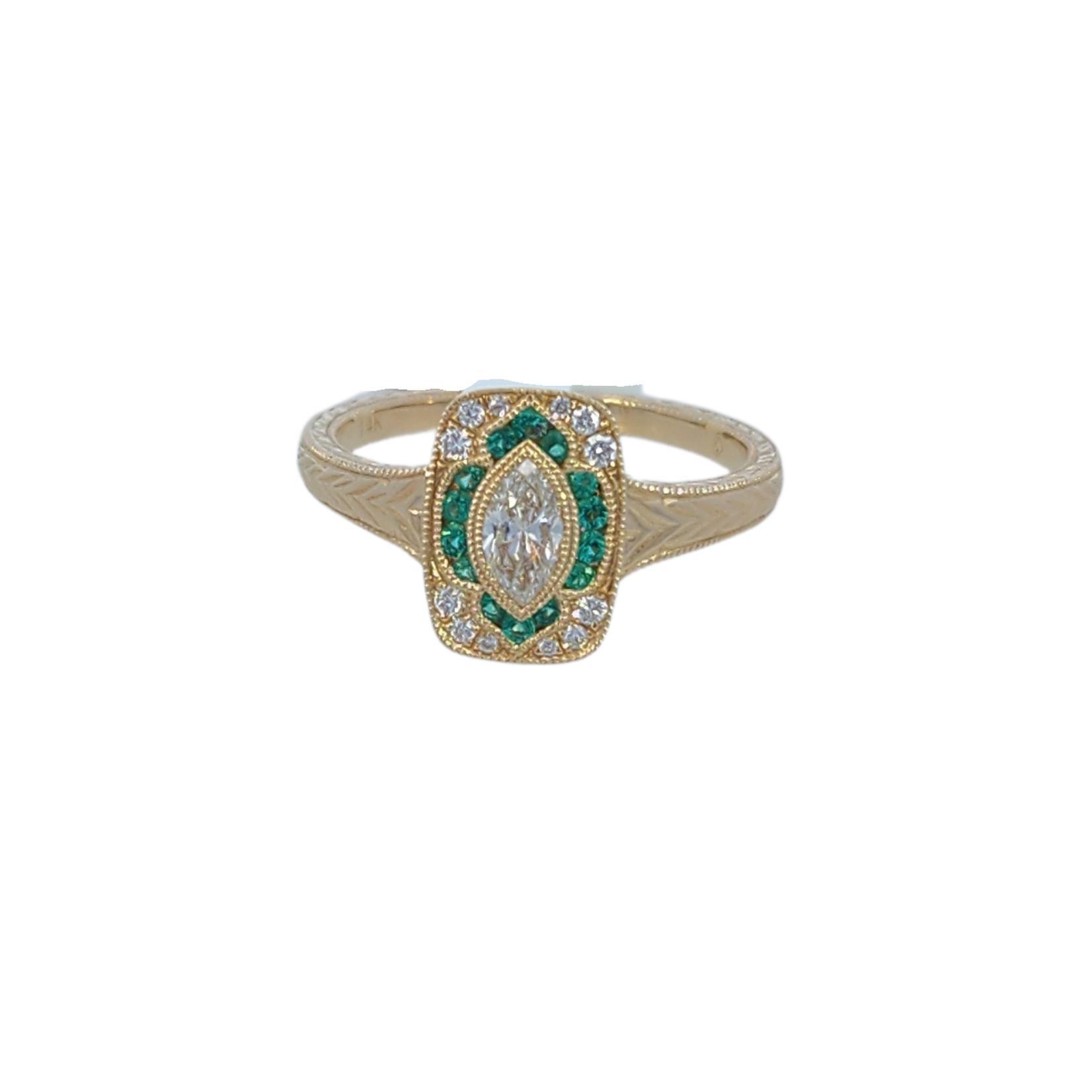 Antique-Style 14 Karat Yellow Gold  Emerald and Diamond Ring