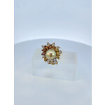 18 Karat Yellow Gold Multi-Color Diamond Ring with Pearl