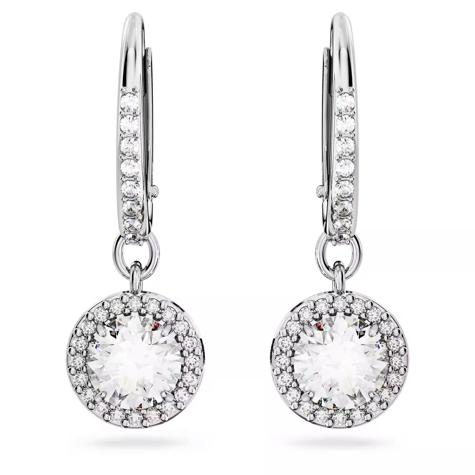 Swarovski Constella drop earrings Round cut, Pavé, White, Rhodium plated