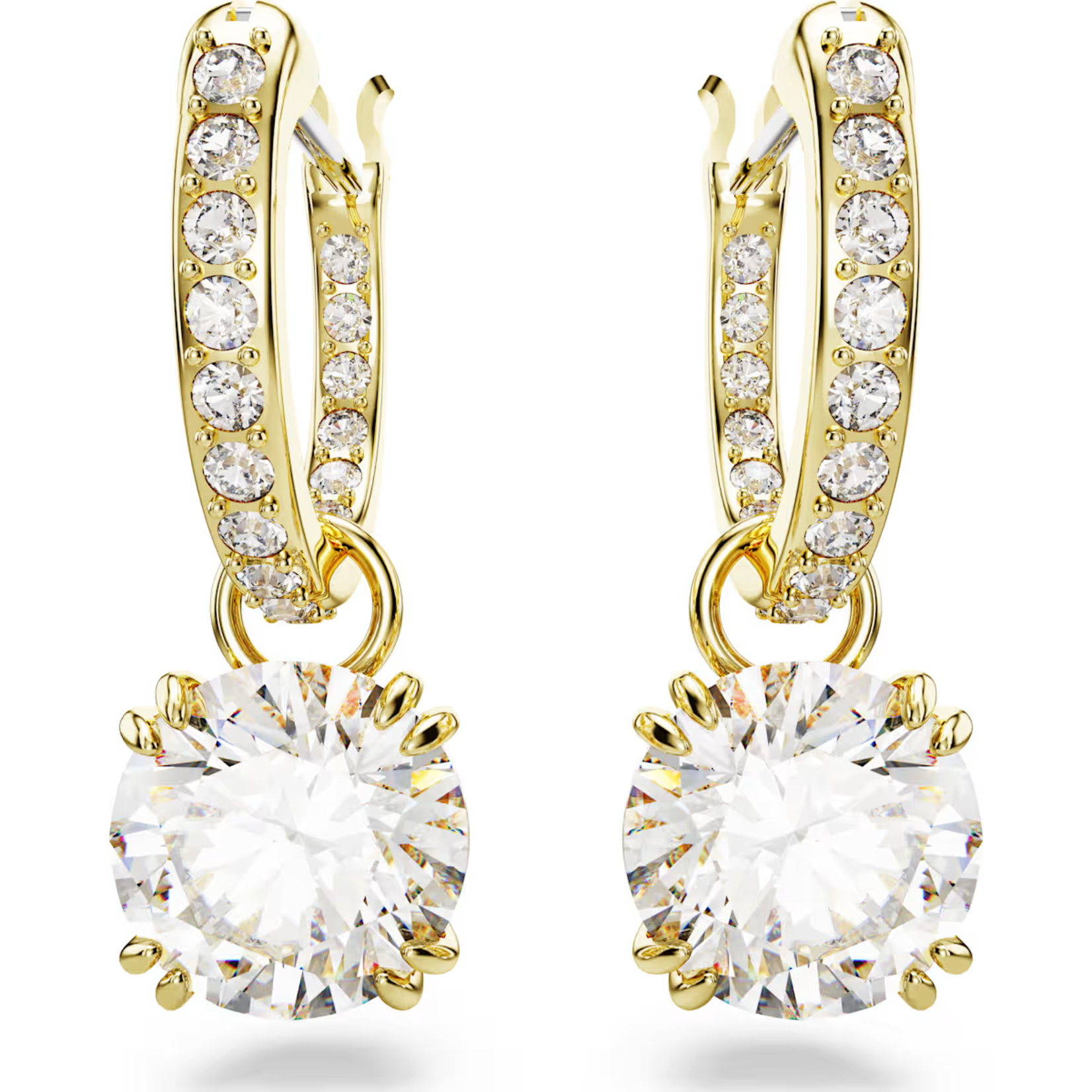 Swarovski Constella drop earrings, Round cut, White, Gold-tone plated