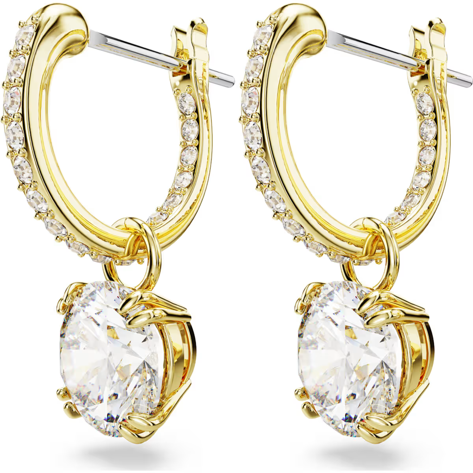 Swarovski Constella drop earrings, Round cut, White, Gold-tone plated