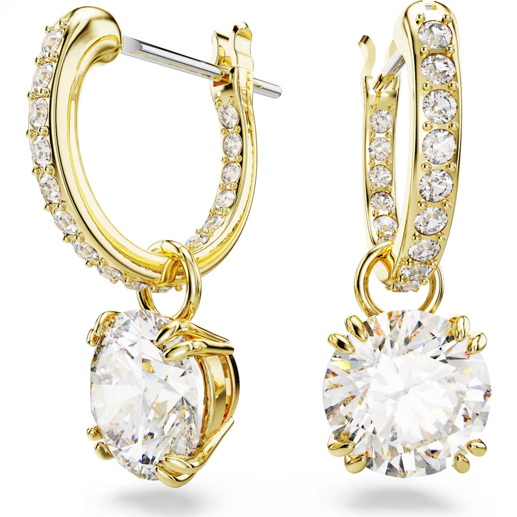 Swarovski Constella drop earrings, Round cut, White, Gold-tone plated