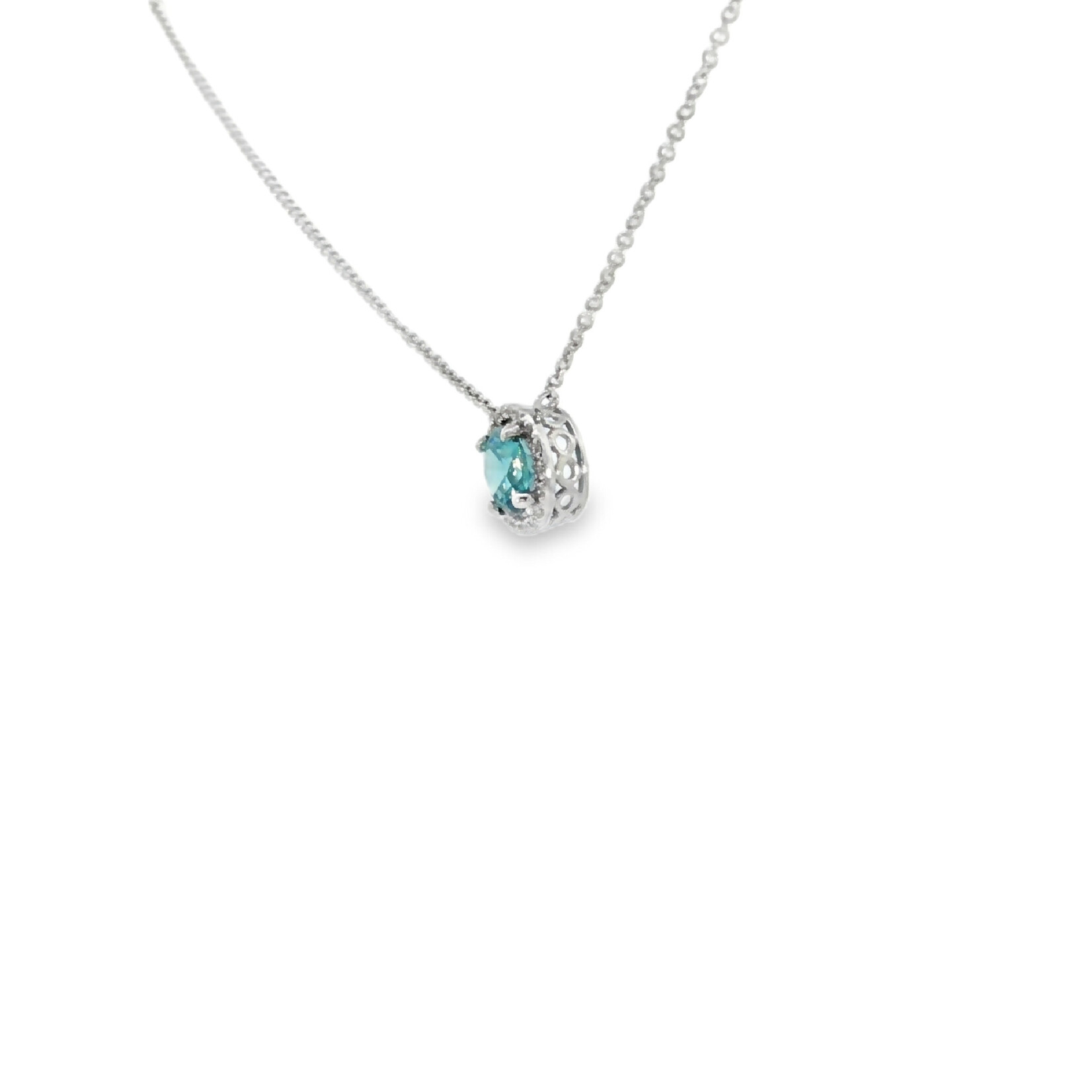 PNY 14 Karat White Gold Blue Zircon and Diamond Halo Pendant