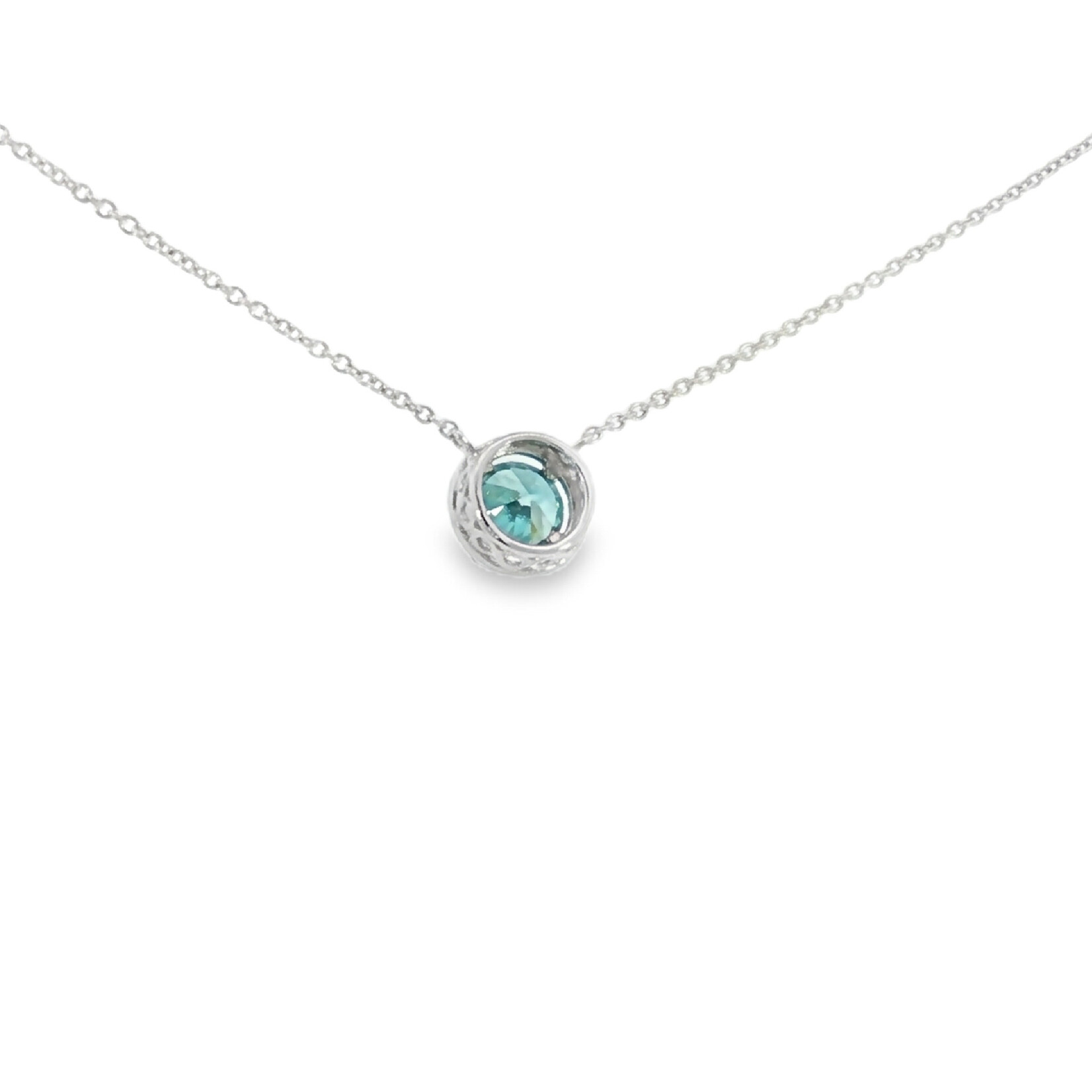 PNY 14 Karat White Gold Blue Zircon and Diamond Halo Pendant