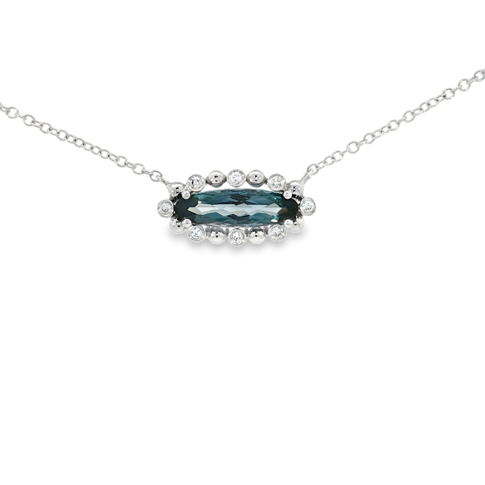 In the Round 14 Karat White Gold London Blue Topaz and Diamond Necklace