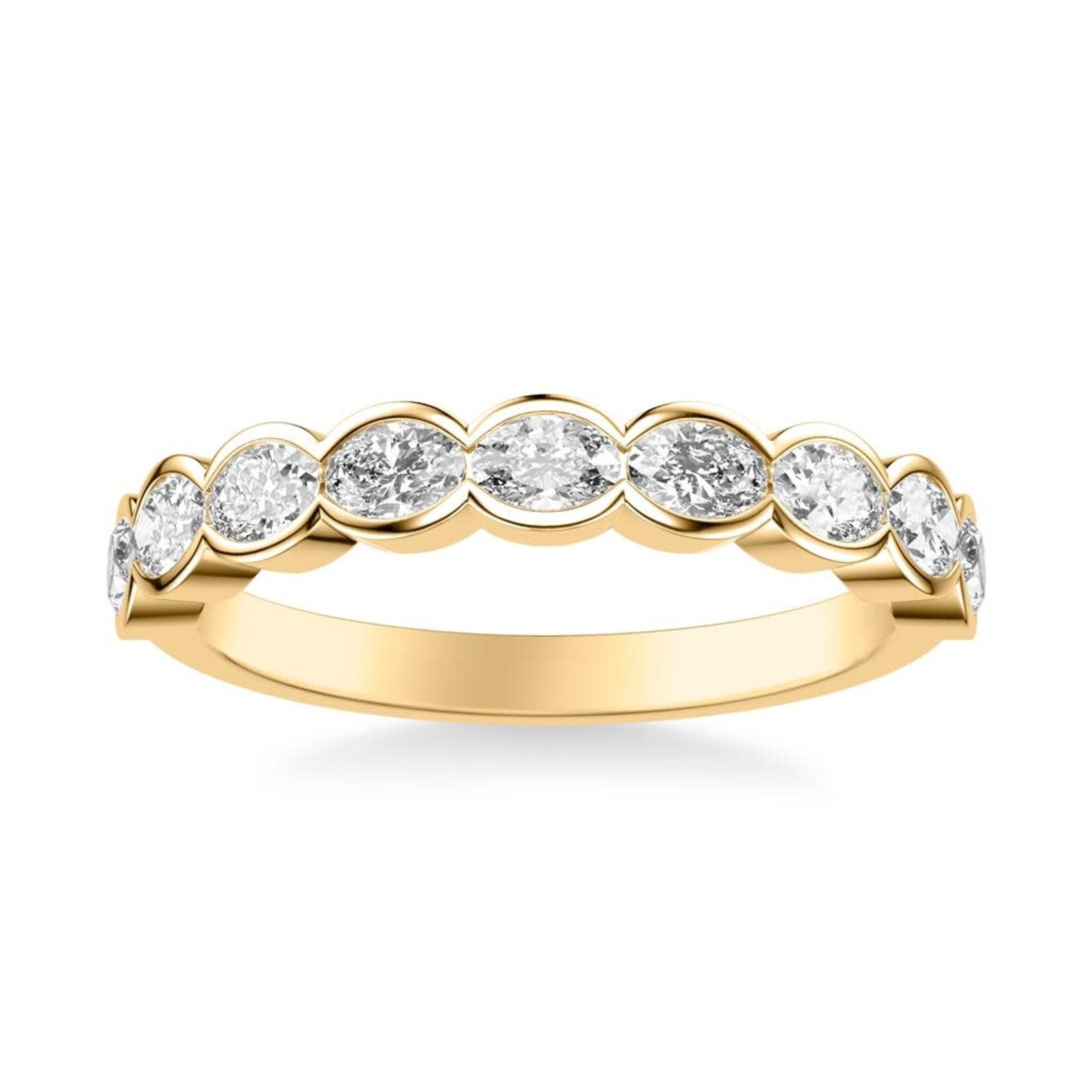 East-West Bezel Set Oval Diamond Scalloped Ring