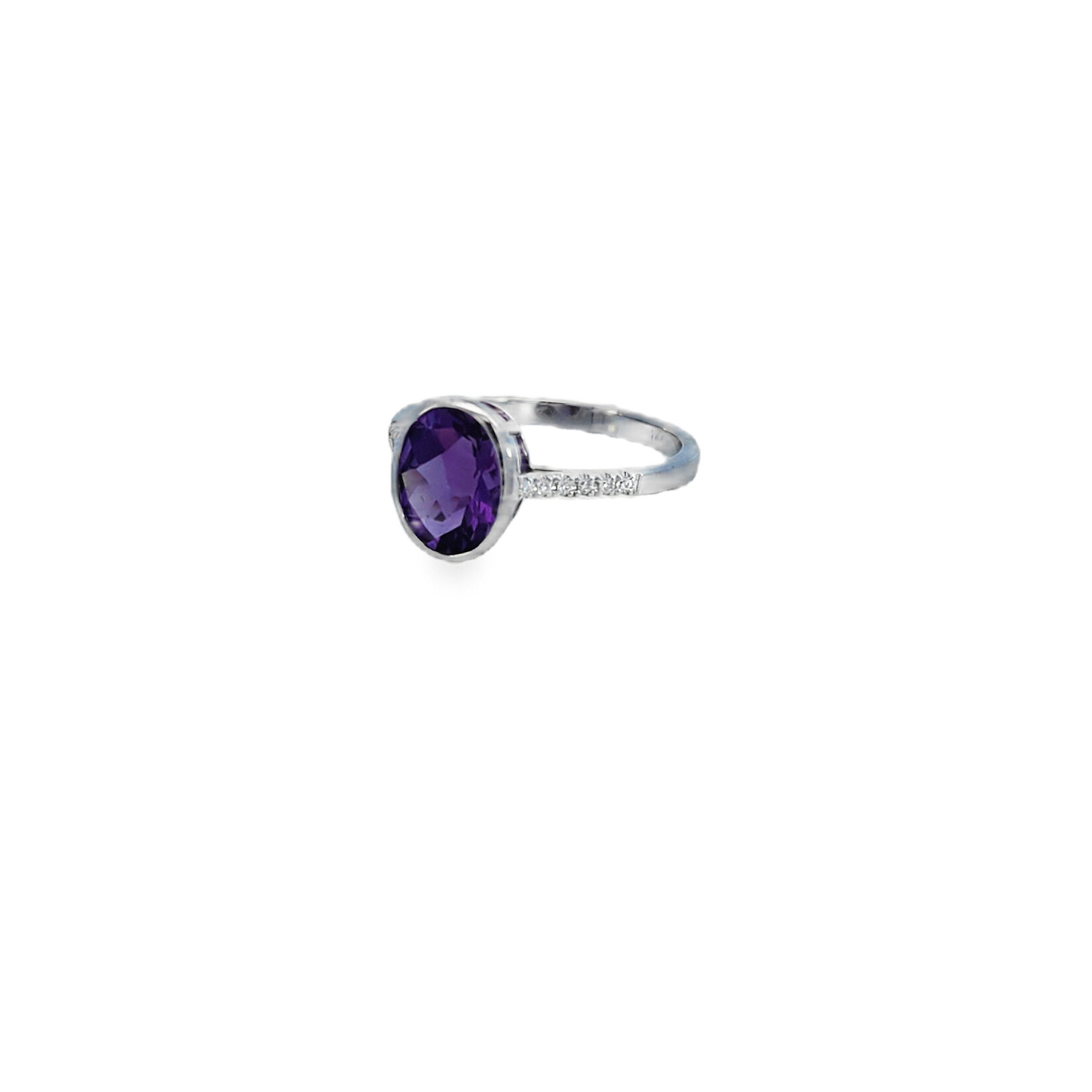 PeJay Creations 14 Karat White Gold Oval Bezel Amethyst & Diamond Ring