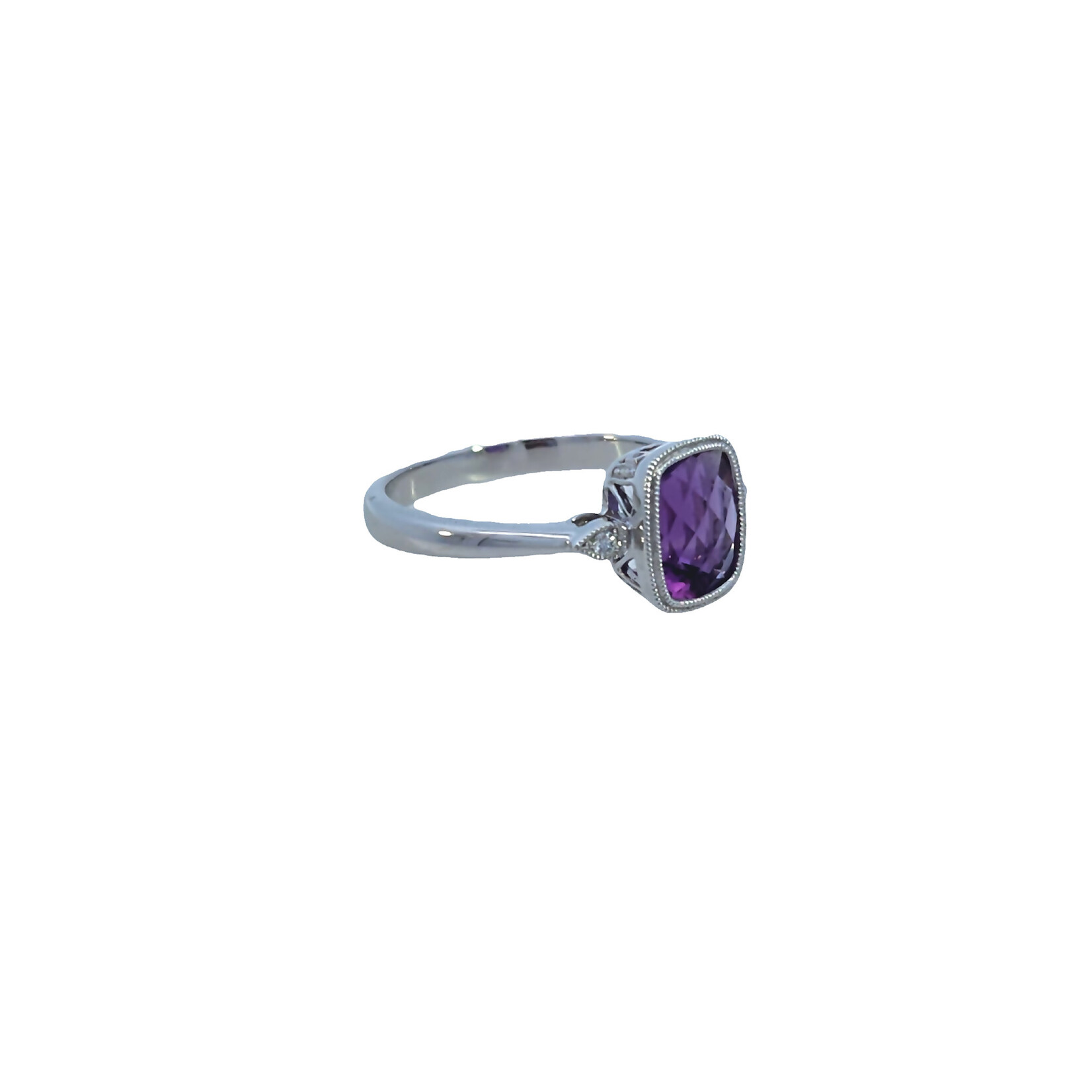 14 Karat White Gold Cushion Amethyst & Diamond Ring