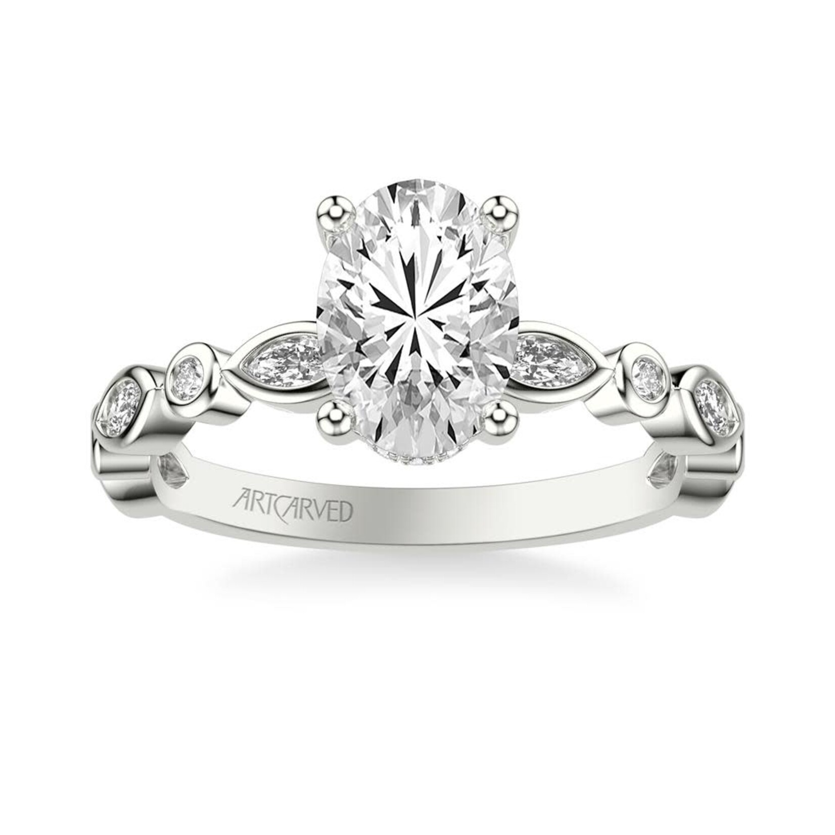 Art Carved Hidden Diamond Halo and Alternating Bezel Set Ring