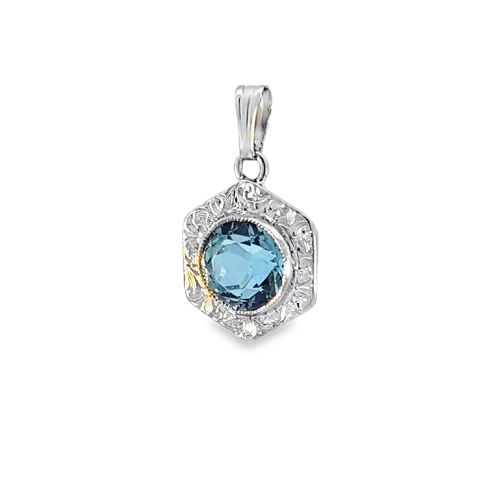 14 Karat White Gold Imitation Aquamarine Scroll Pendant