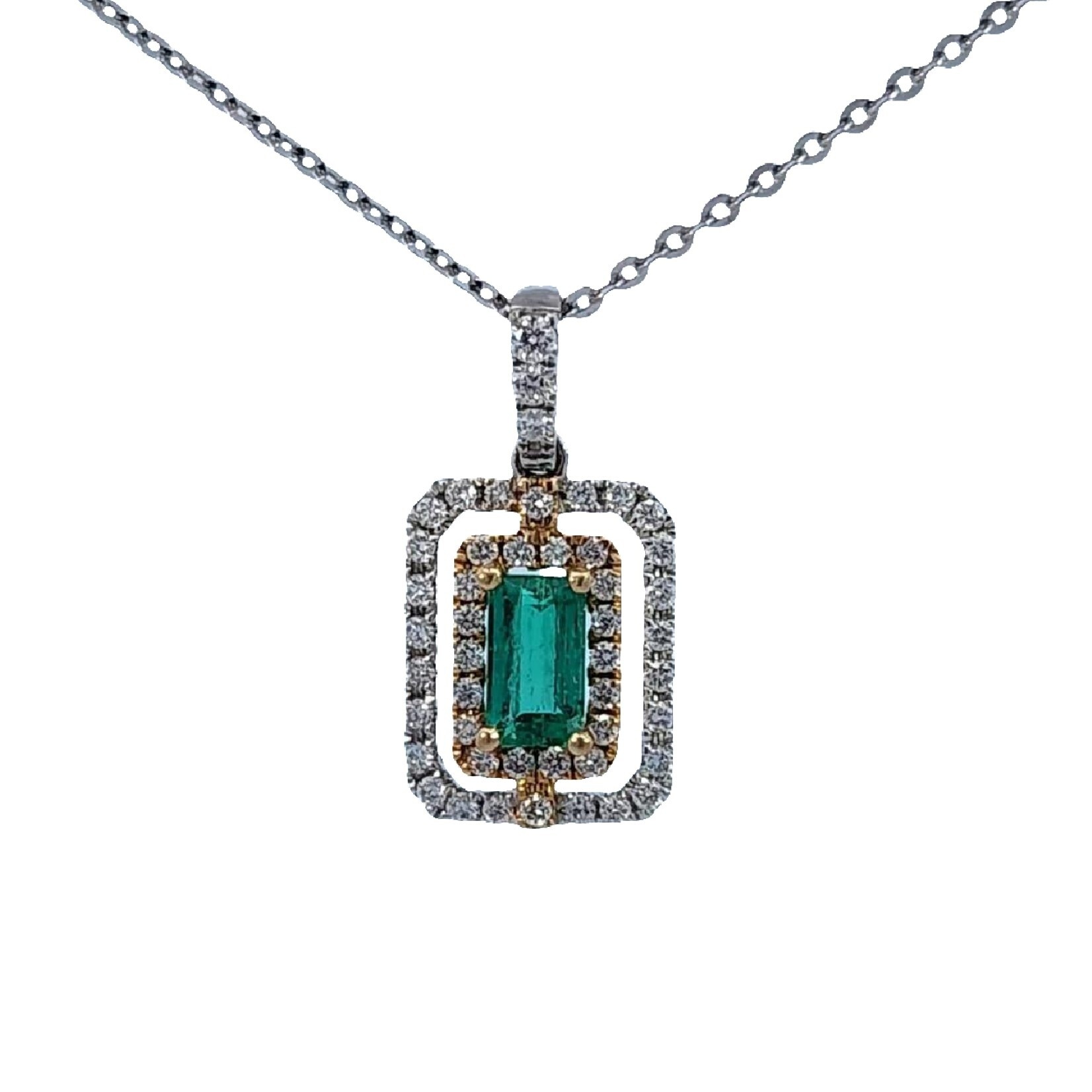 14 Karat White and Yellow Gold Natural Emerald & Diamond Pendant
