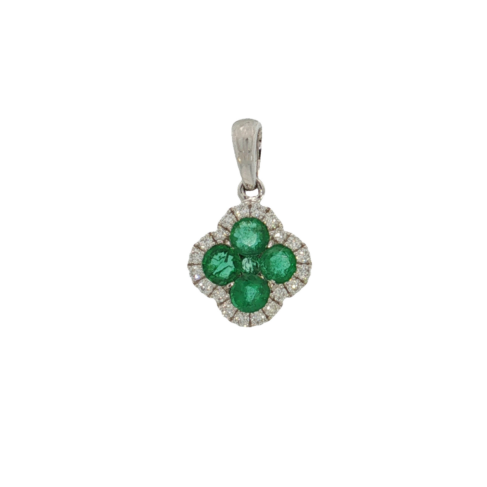 14 Karat White Gold Natural Emerald & Diamond Clover Shape Pendant