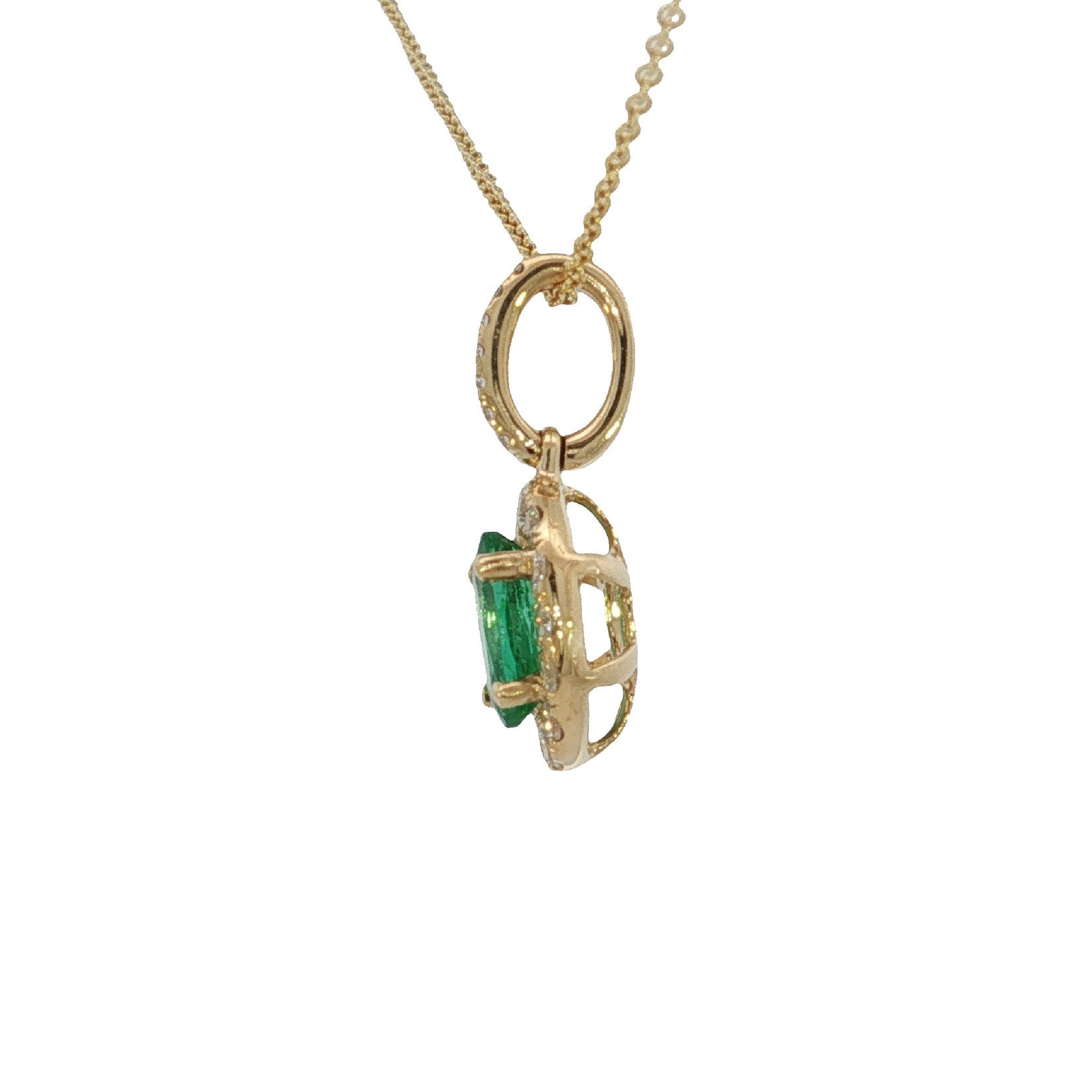 14 Karat Yellow Gold Oval Emerald and Diamond Halo Pendant