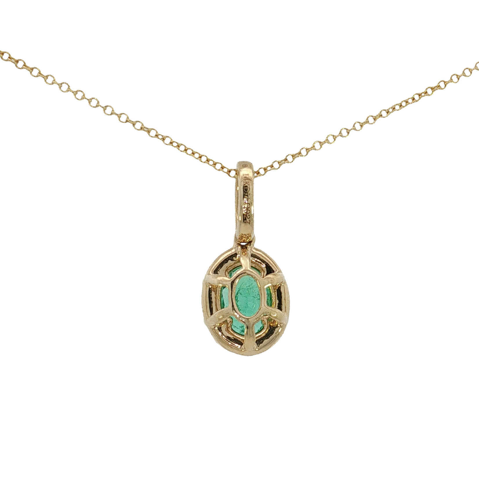14 Karat Yellow Gold Oval Emerald and Diamond Halo Pendant
