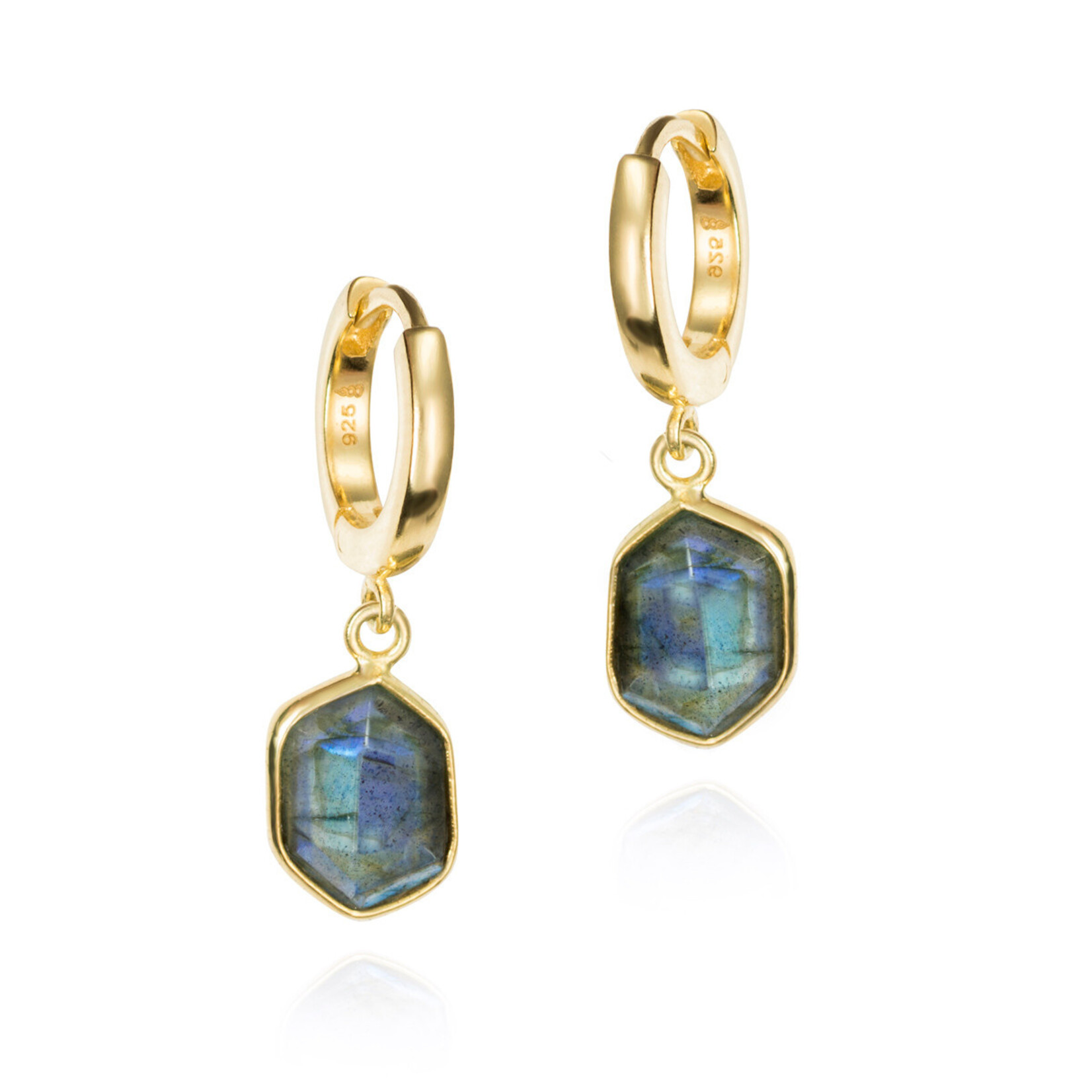 Hoop Earring with Hexagonal Labradorite in Sterling Silver with 18KY Vermeil