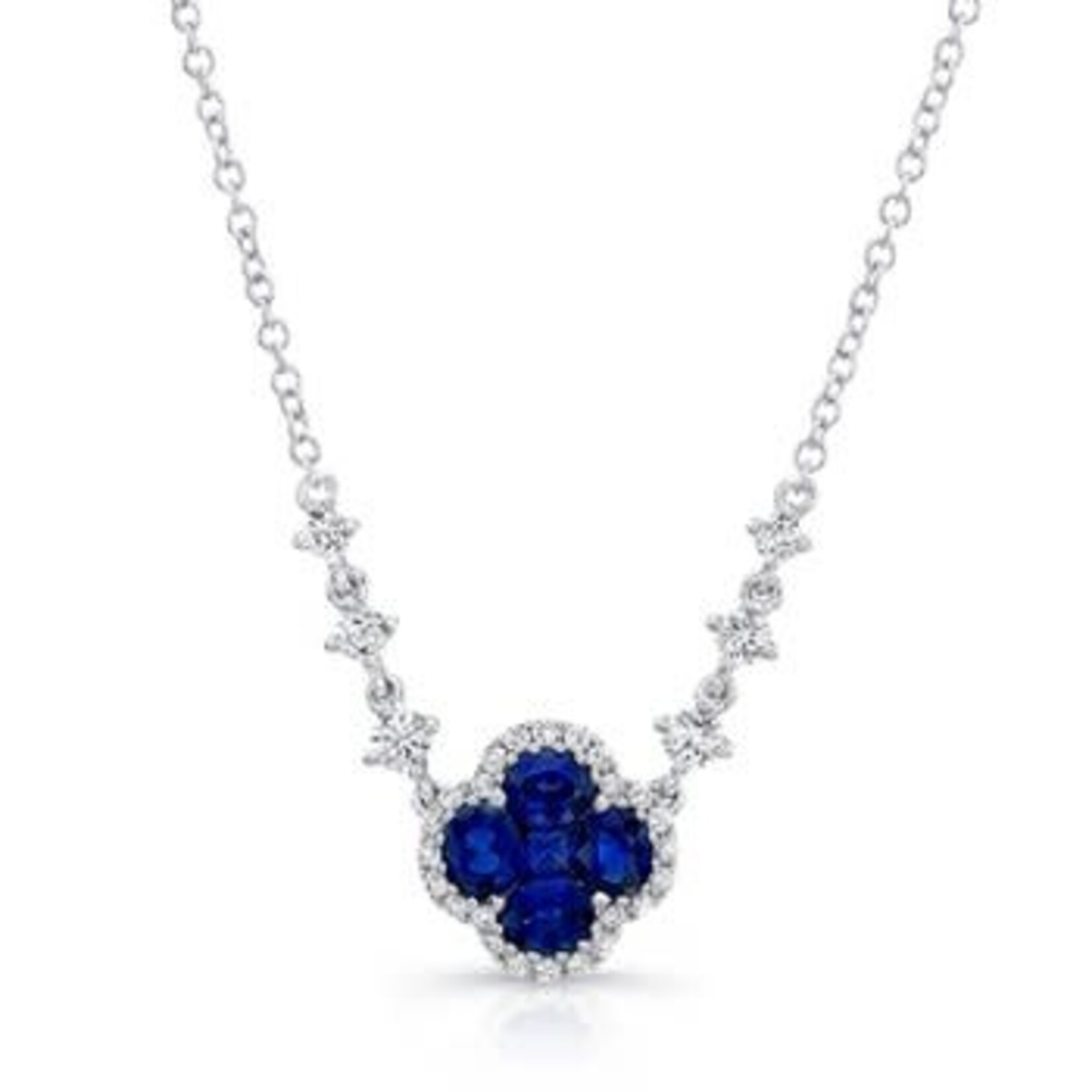 Uneek Jewelry Uneek 18" 14K White Gold Diamond & Sapphire Clover Necklace