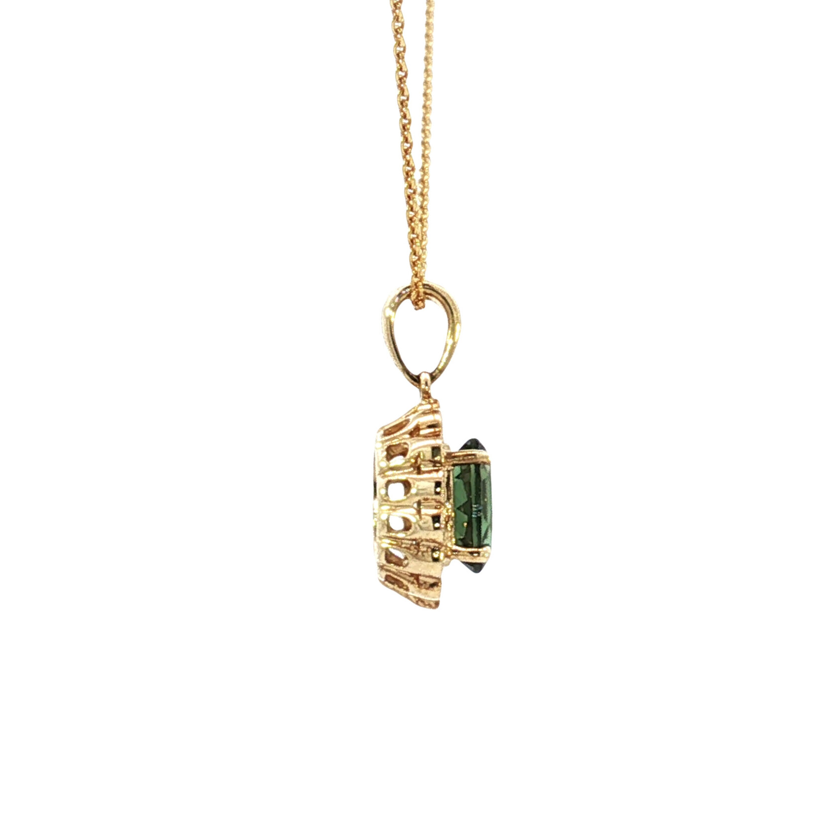 14K Yellow Gold Green Tourmaline Halo Necklace